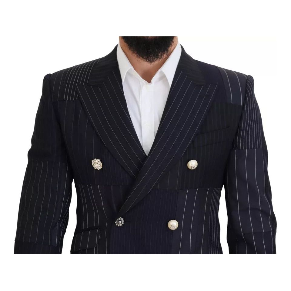 Blue Wool Patchwork Double Breasted Blazer