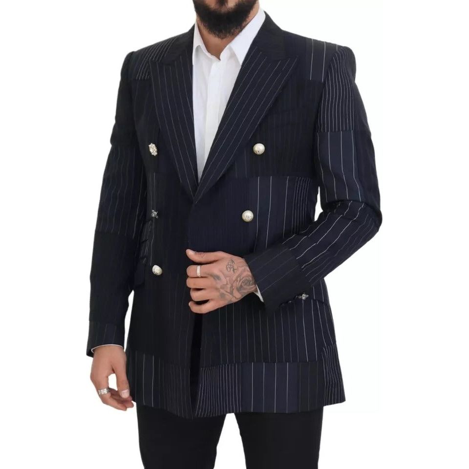 Blue Wool Patchwork Double Breasted Blazer