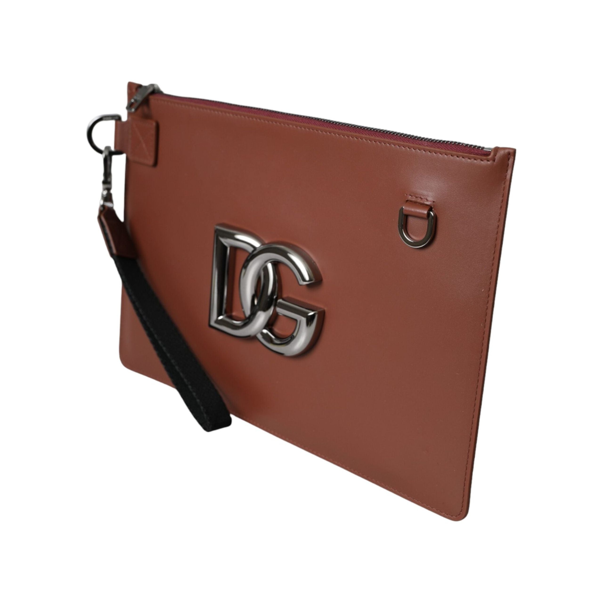 Brown Calfskin Leather DG Logo Pouch Wrist Strap Bag