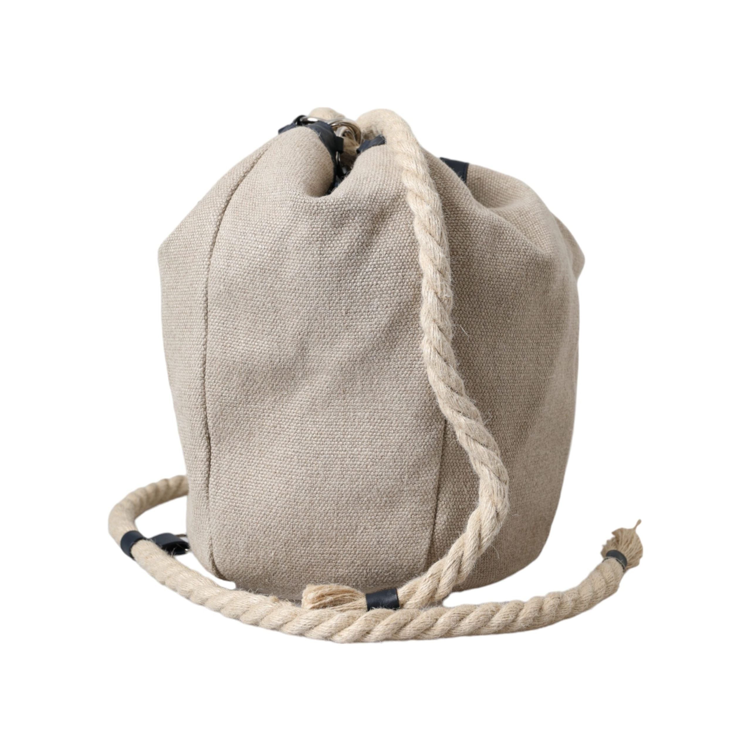 Beige Canvas Fabric Bucket Sack Pouch Purse Bag