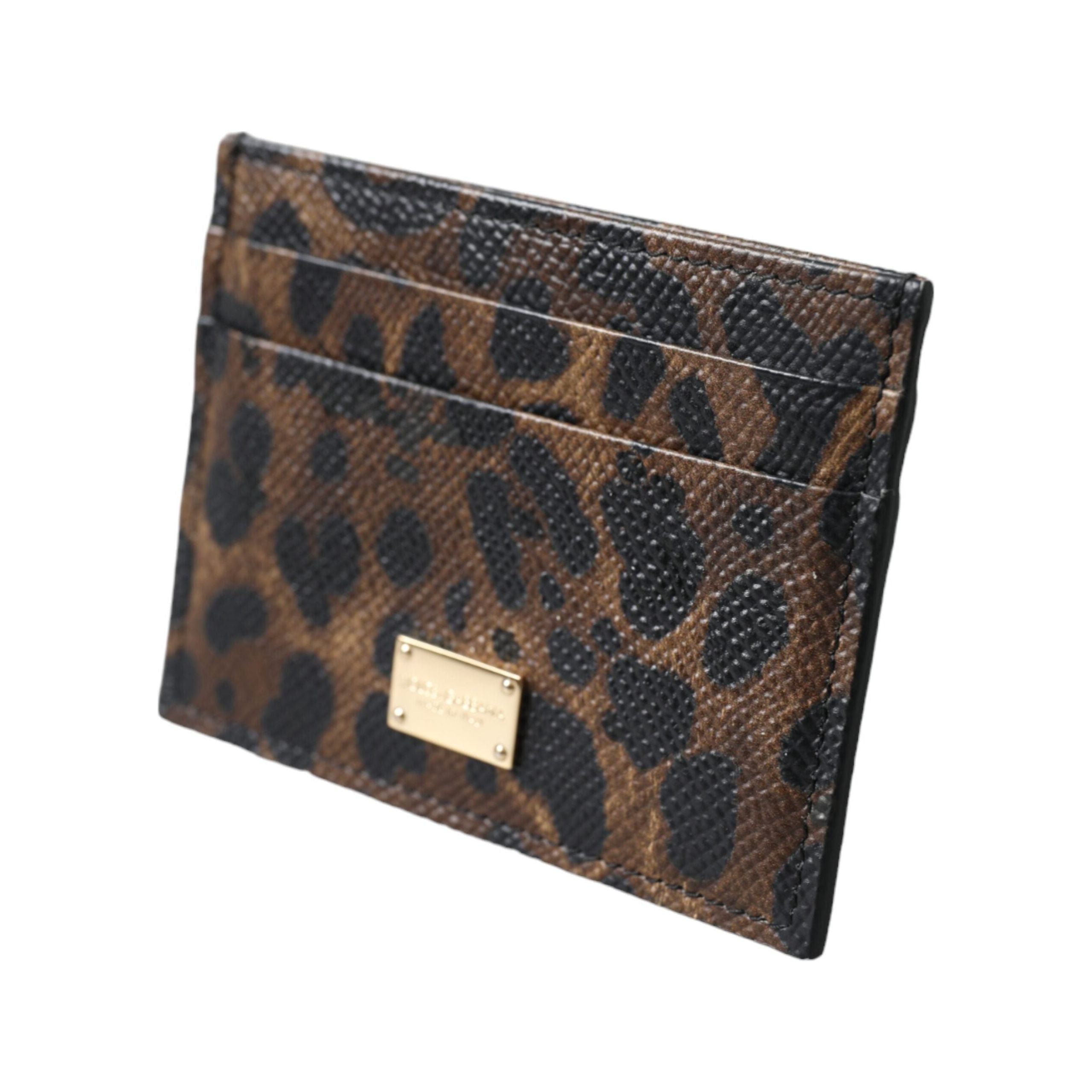 Brown Leather Leopard Logo Plaque Women Cardholder Wallet