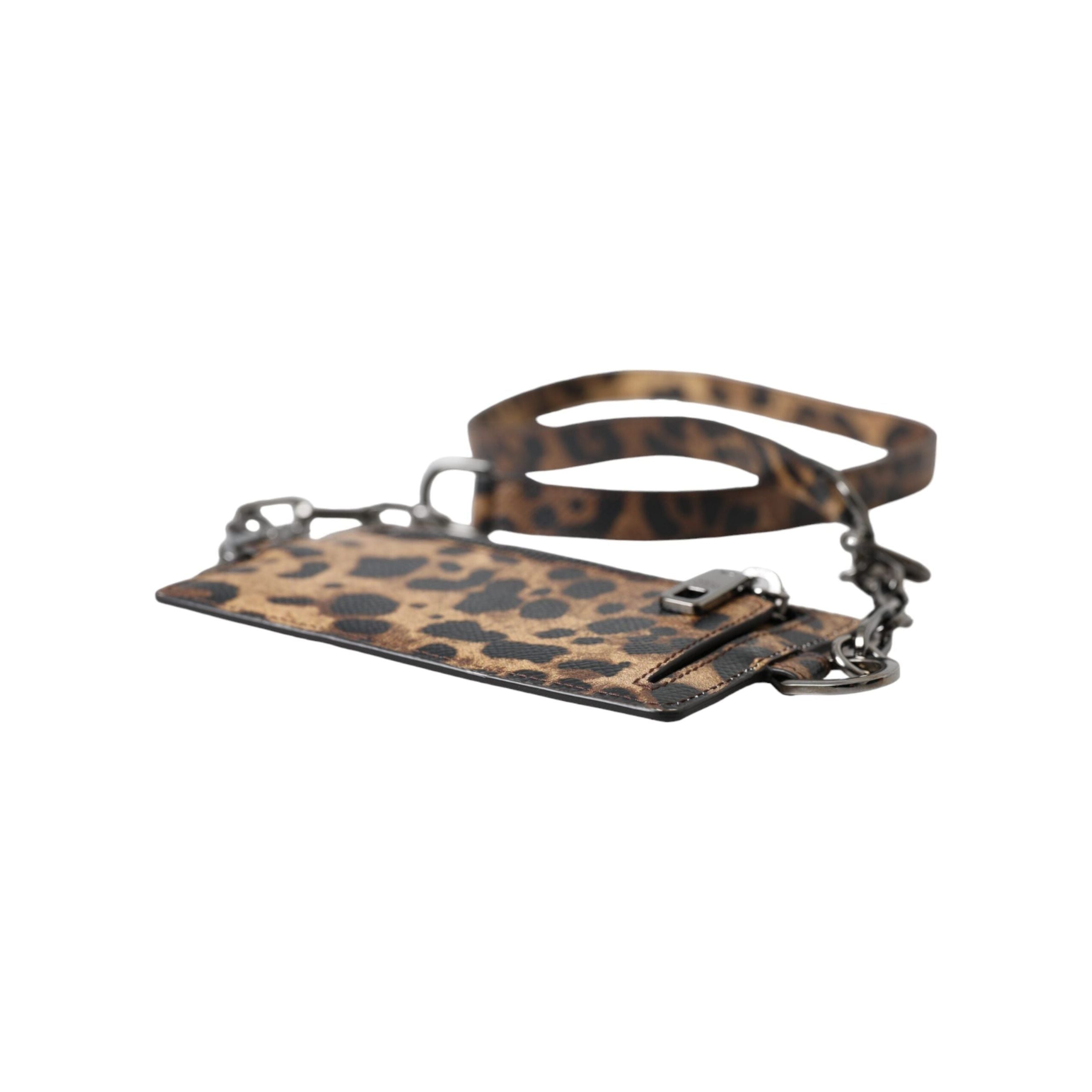 Brown Leather Leopard Print Logo Plaque Cardholder Wallet