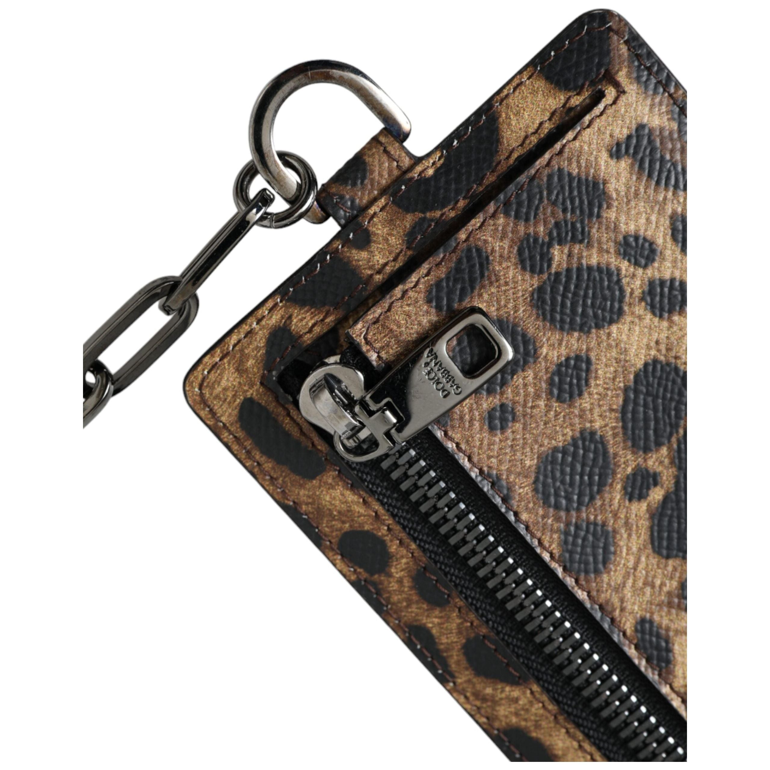 Brown Leather Leopard Print Logo Plaque Cardholder Wallet