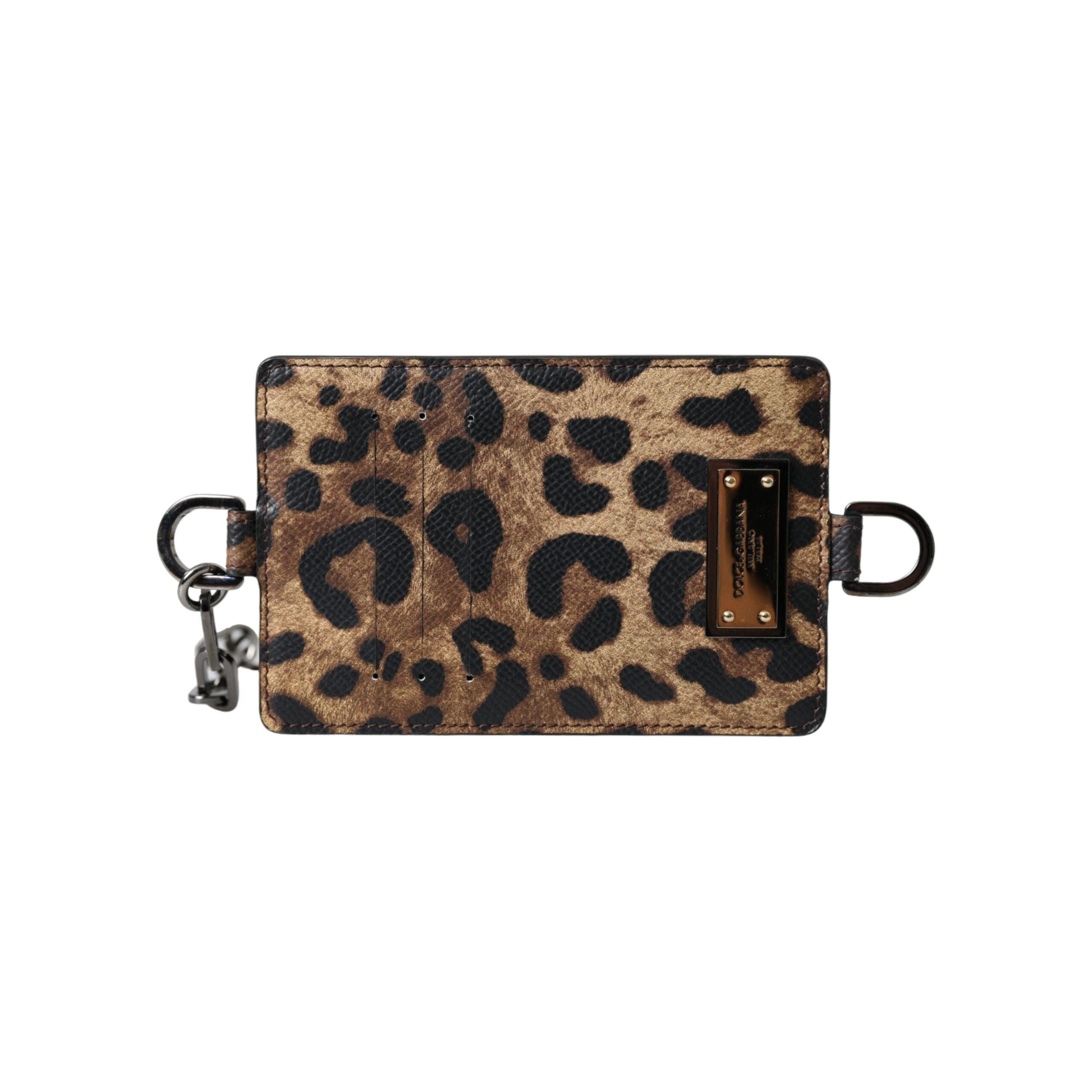 Brown Leather Leopard Print Logo Plaque Cardholder Wallet