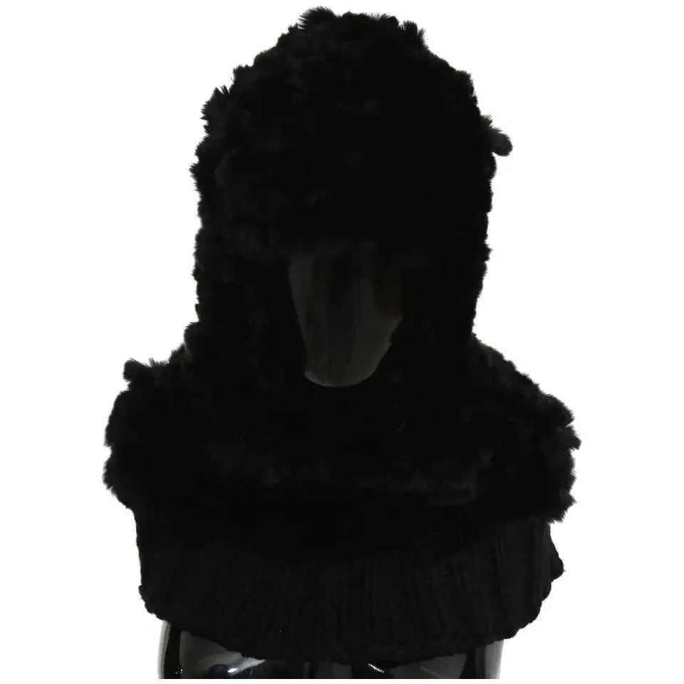 Black Silver Fox Fur Cashmere Hooded Scarf