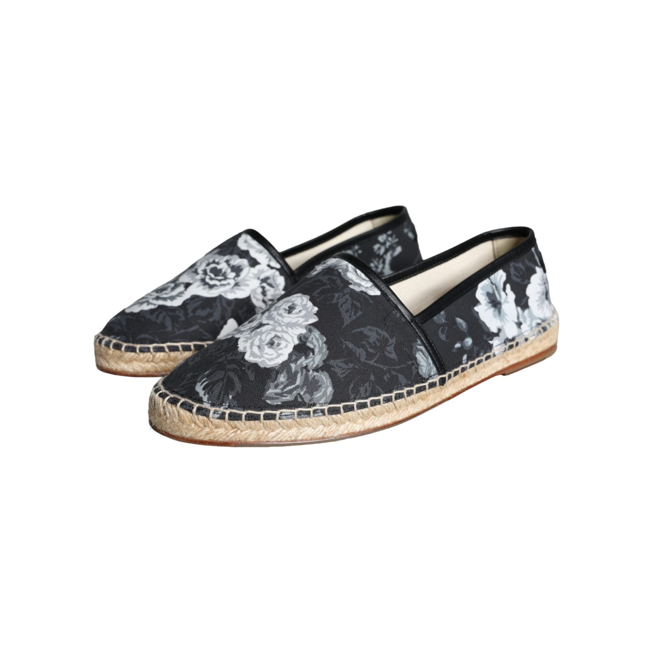 Black Floral Cotton Leather Espadrilles Shoes