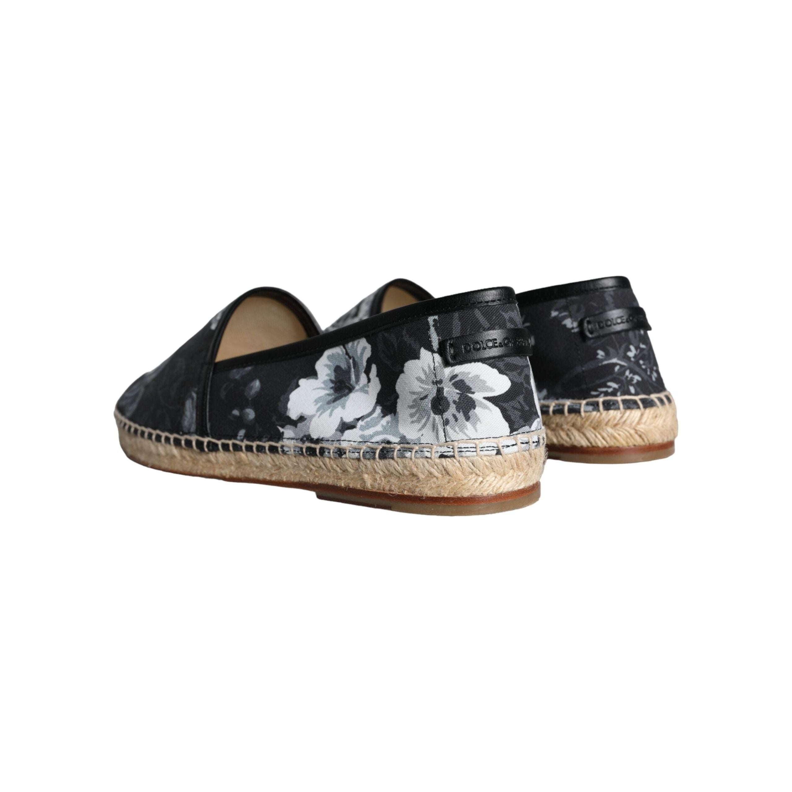 Black Floral Cotton Leather Espadrilles Shoes