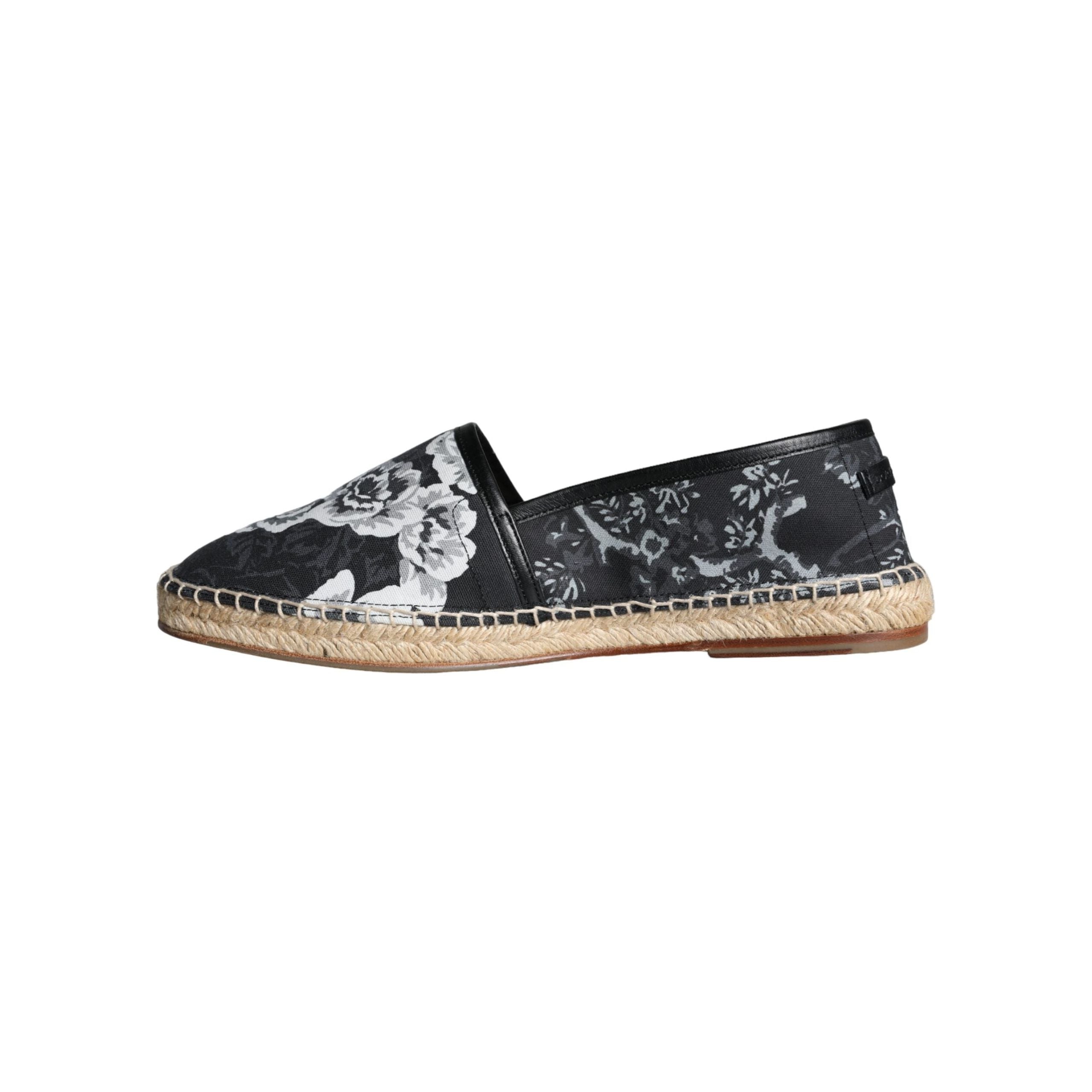 Black Floral Cotton Leather Espadrilles Shoes