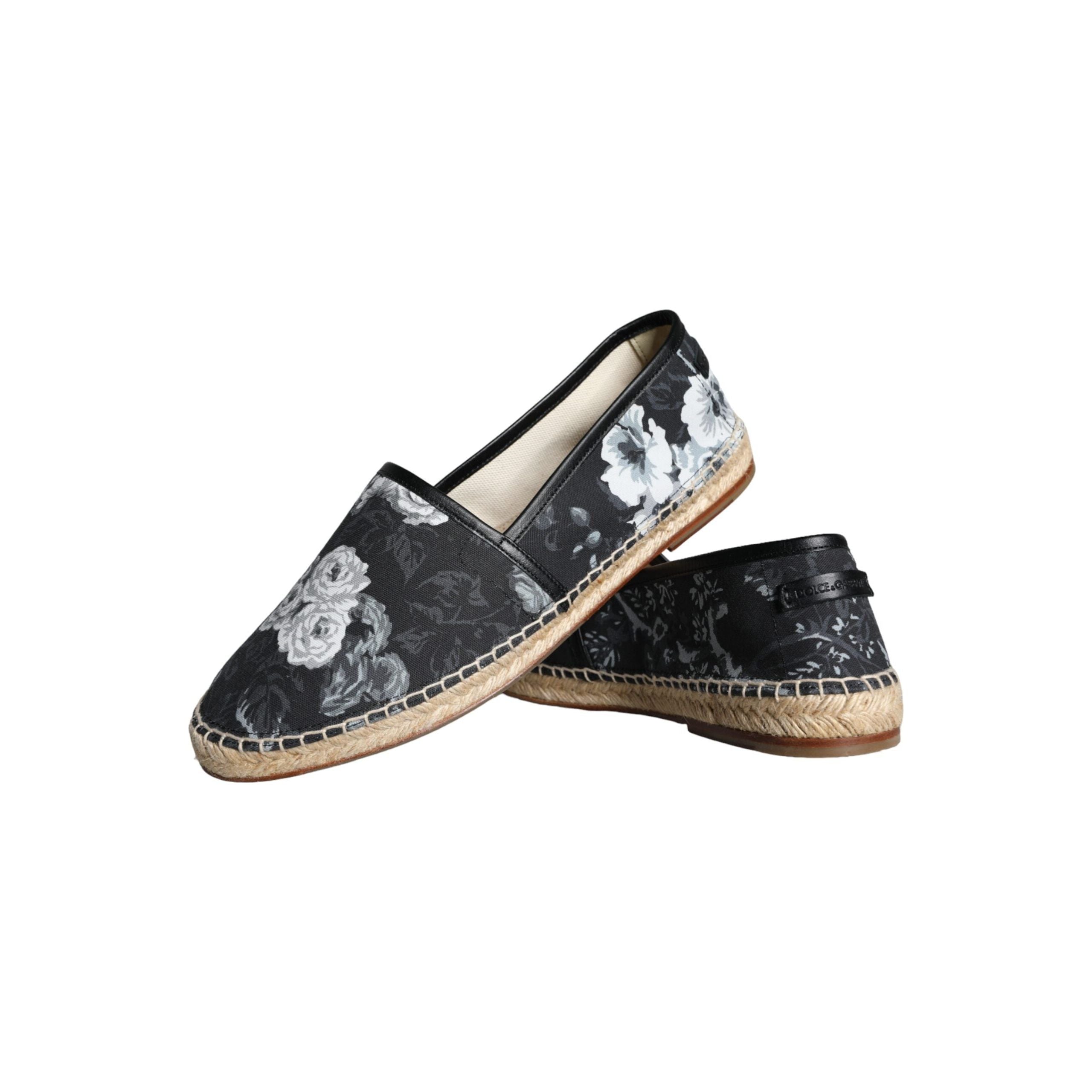 Black Floral Cotton Leather Espadrilles Shoes