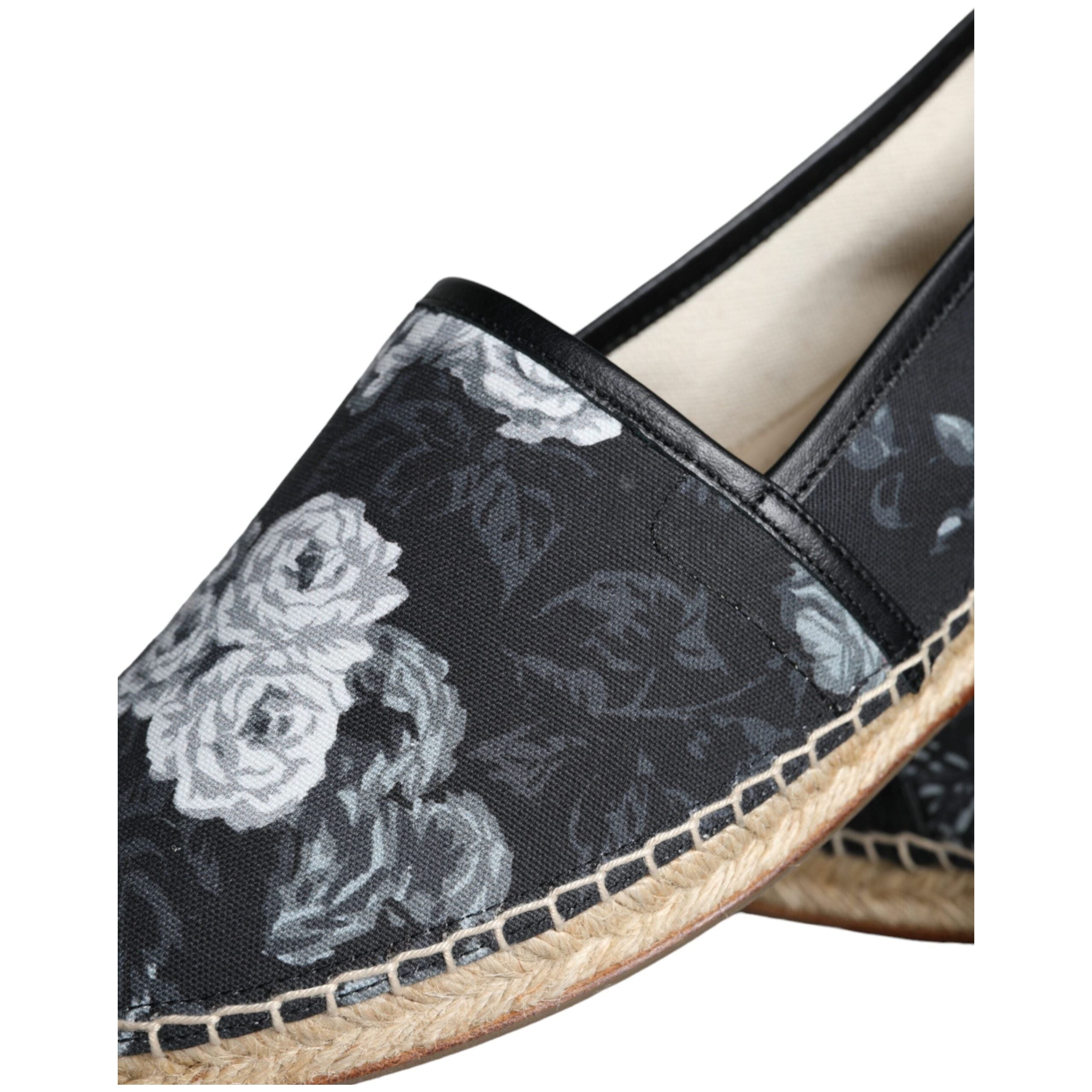 Black Floral Cotton Leather Espadrilles Shoes