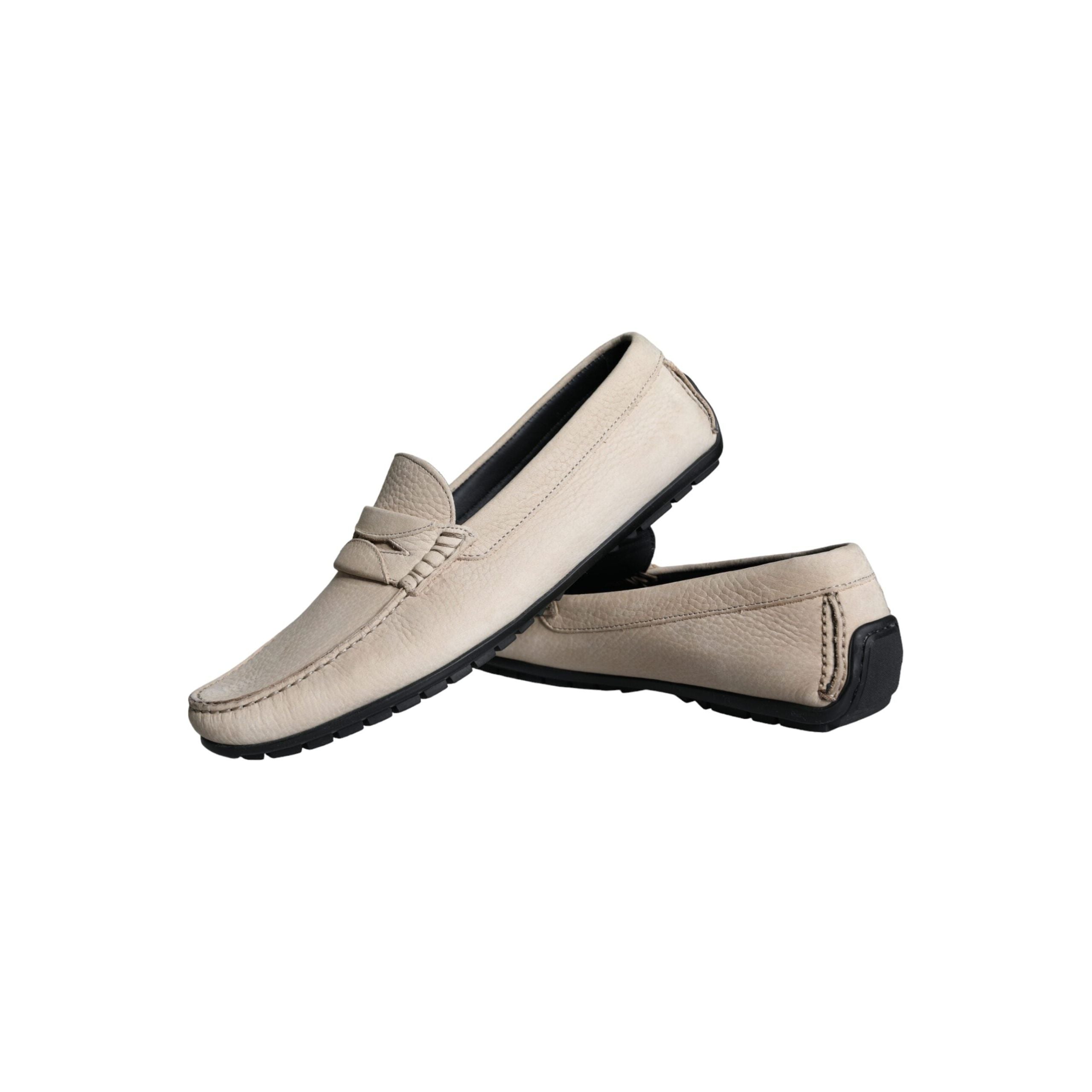 Beige Leather Slip Mocassin Loafers Men Shoes