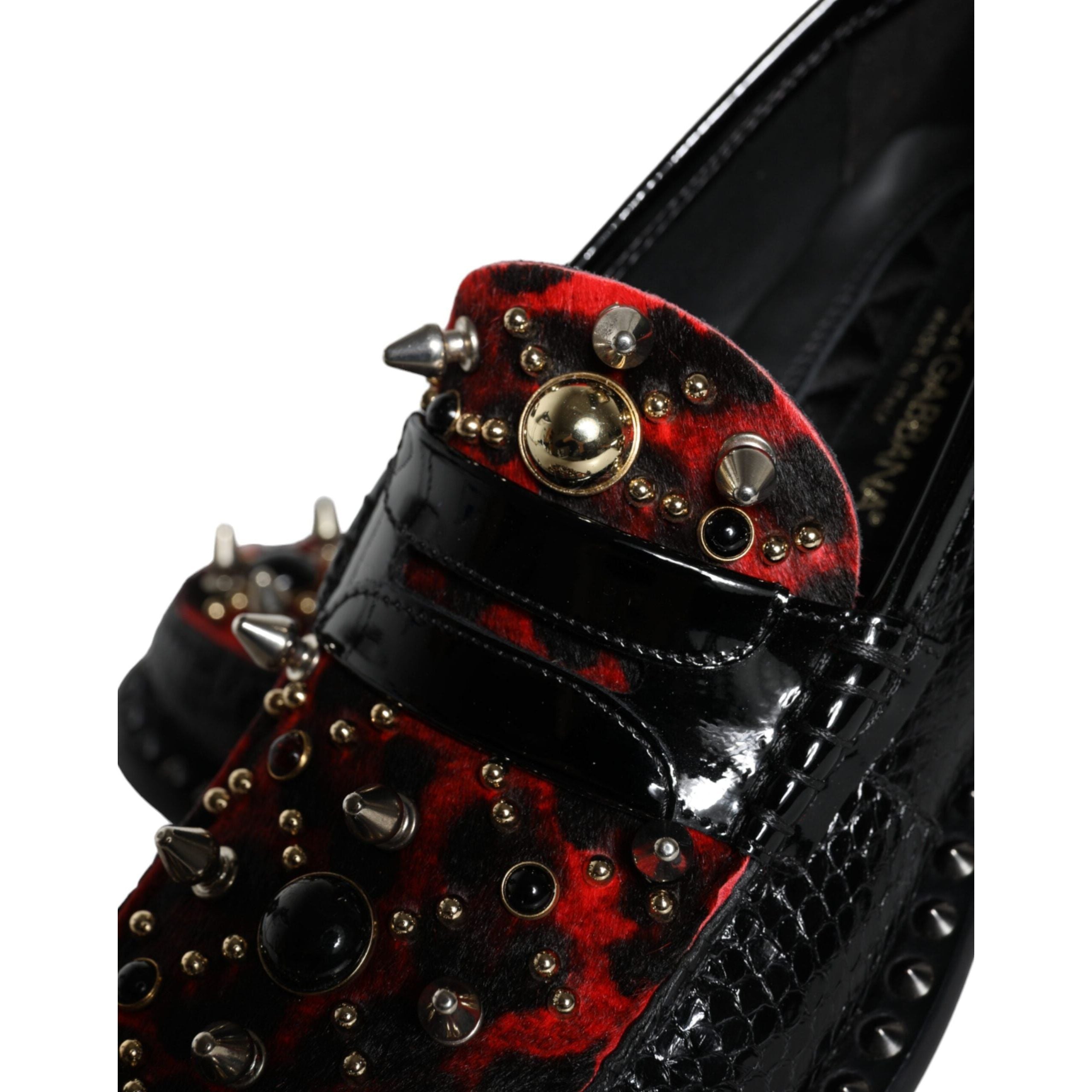 Black Leopard Print Studs Leather Loafers Shoes