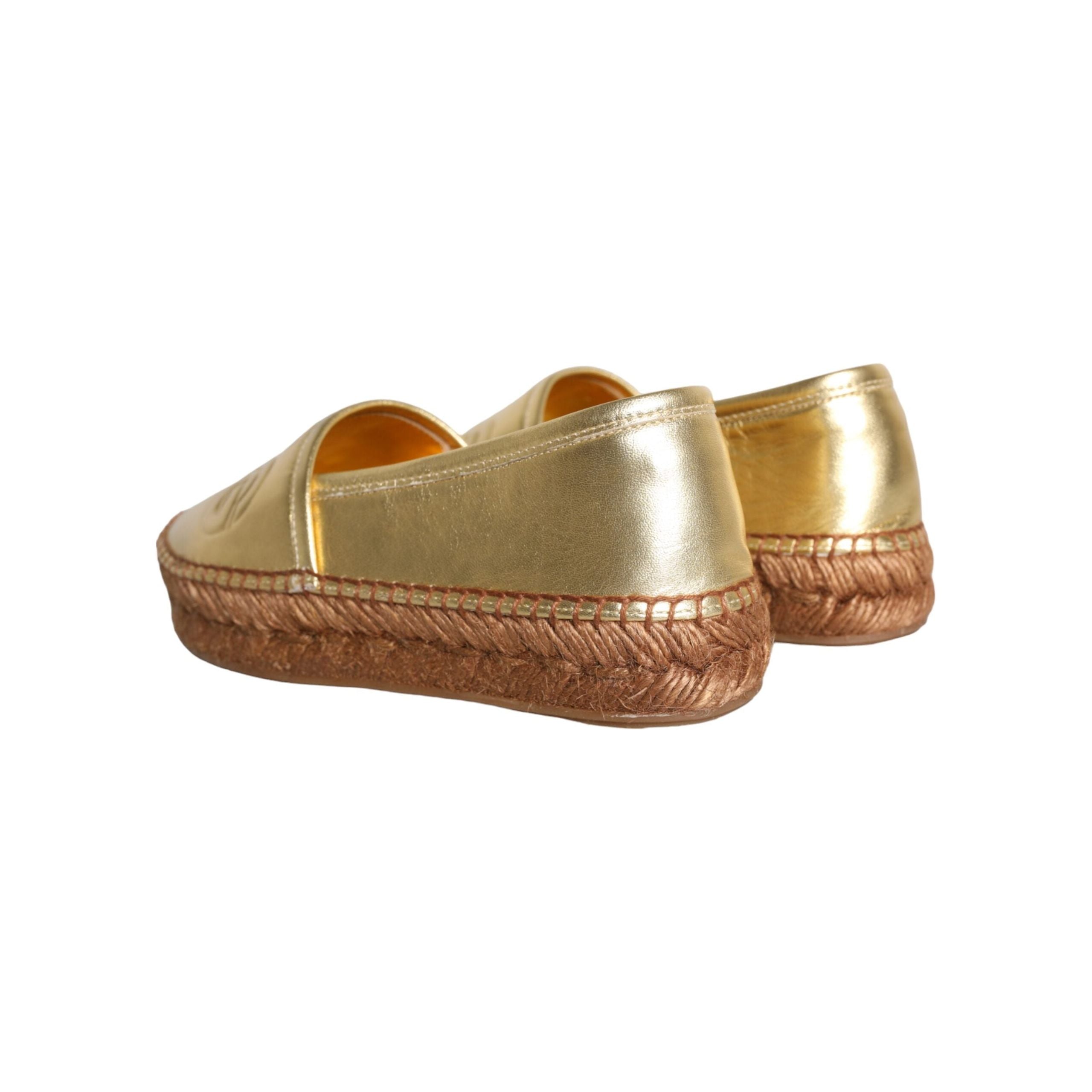 Gold Leather Loafers Flats Espadrille Shoes