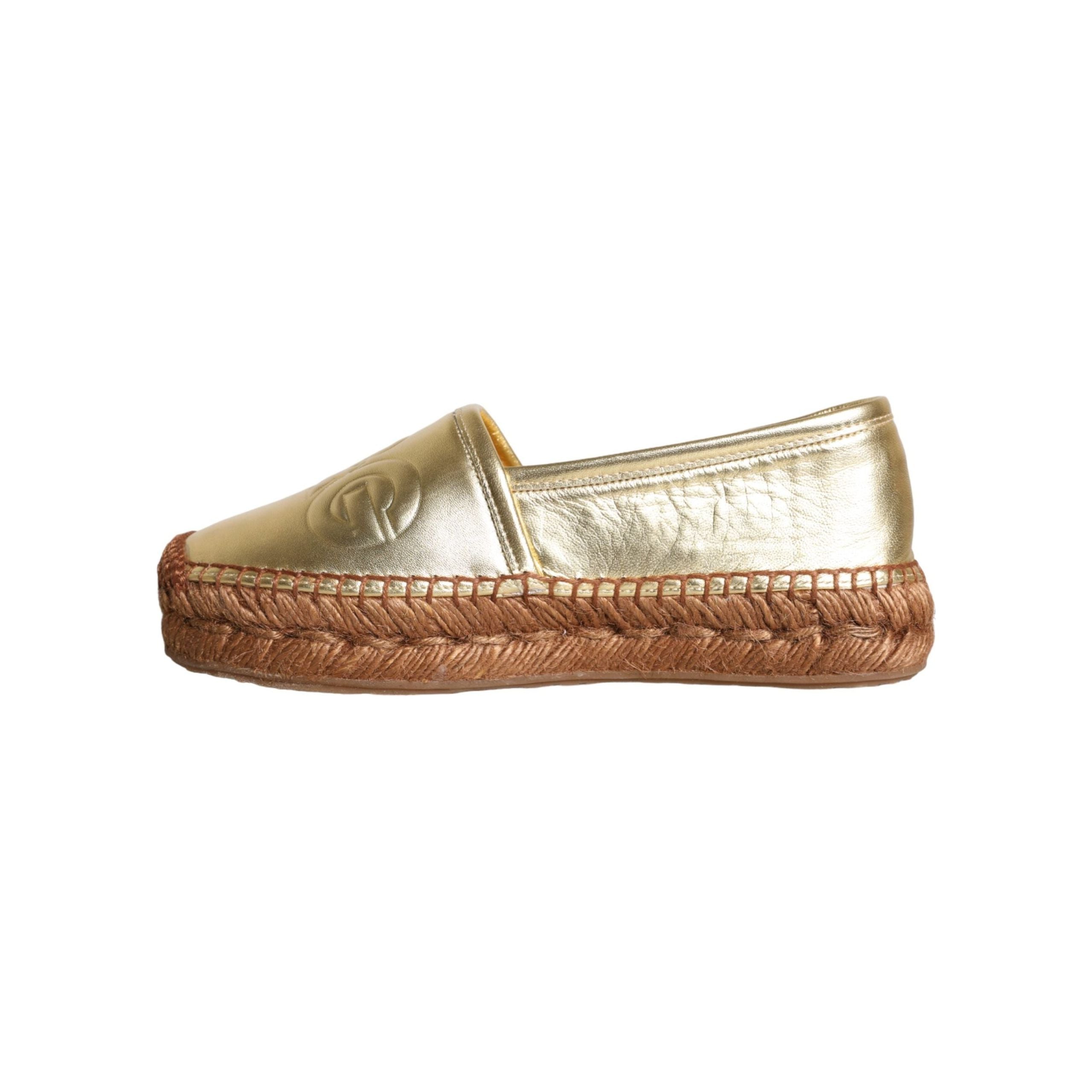 Gold Leather Loafers Flats Espadrille Shoes