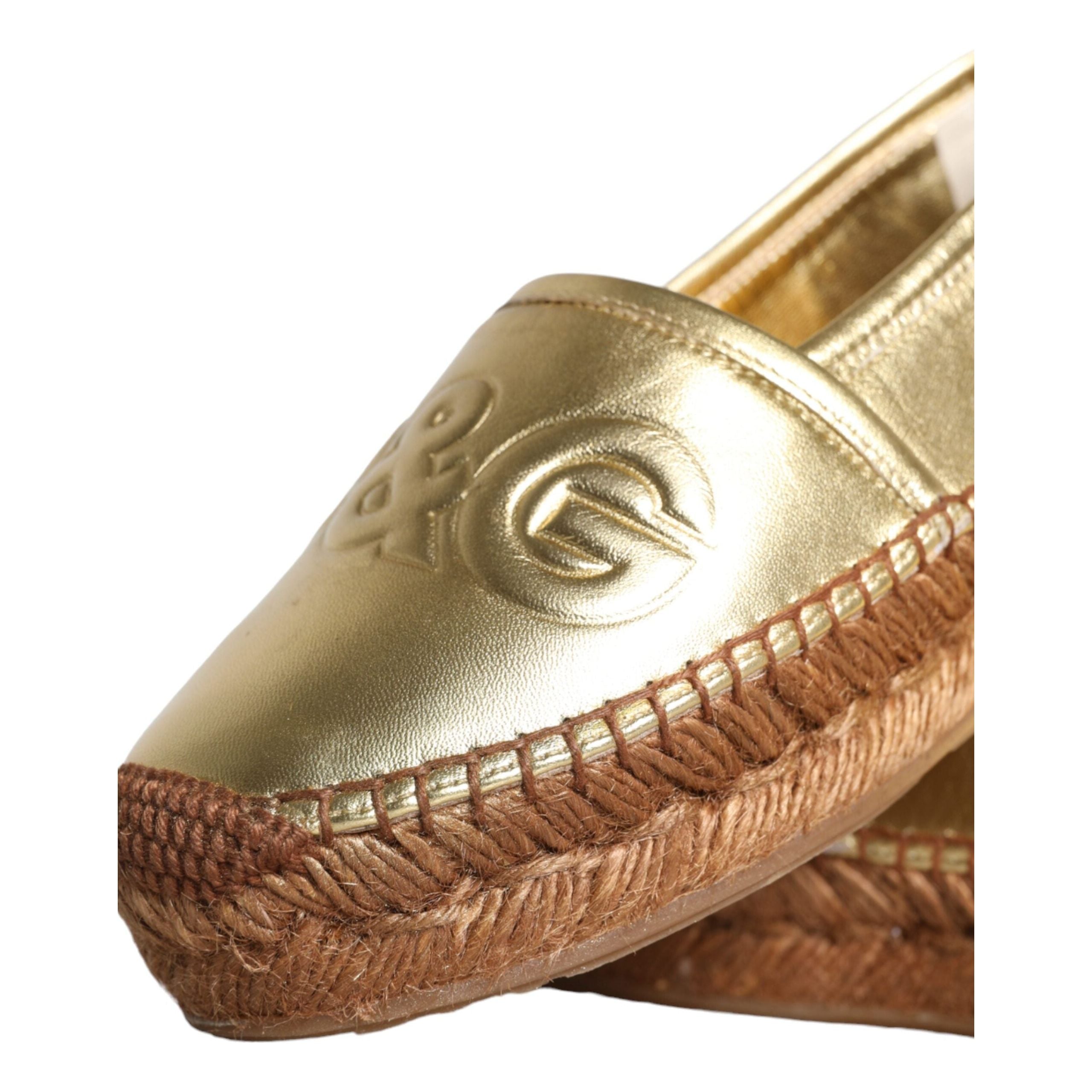 Gold Leather Loafers Flats Espadrille Shoes