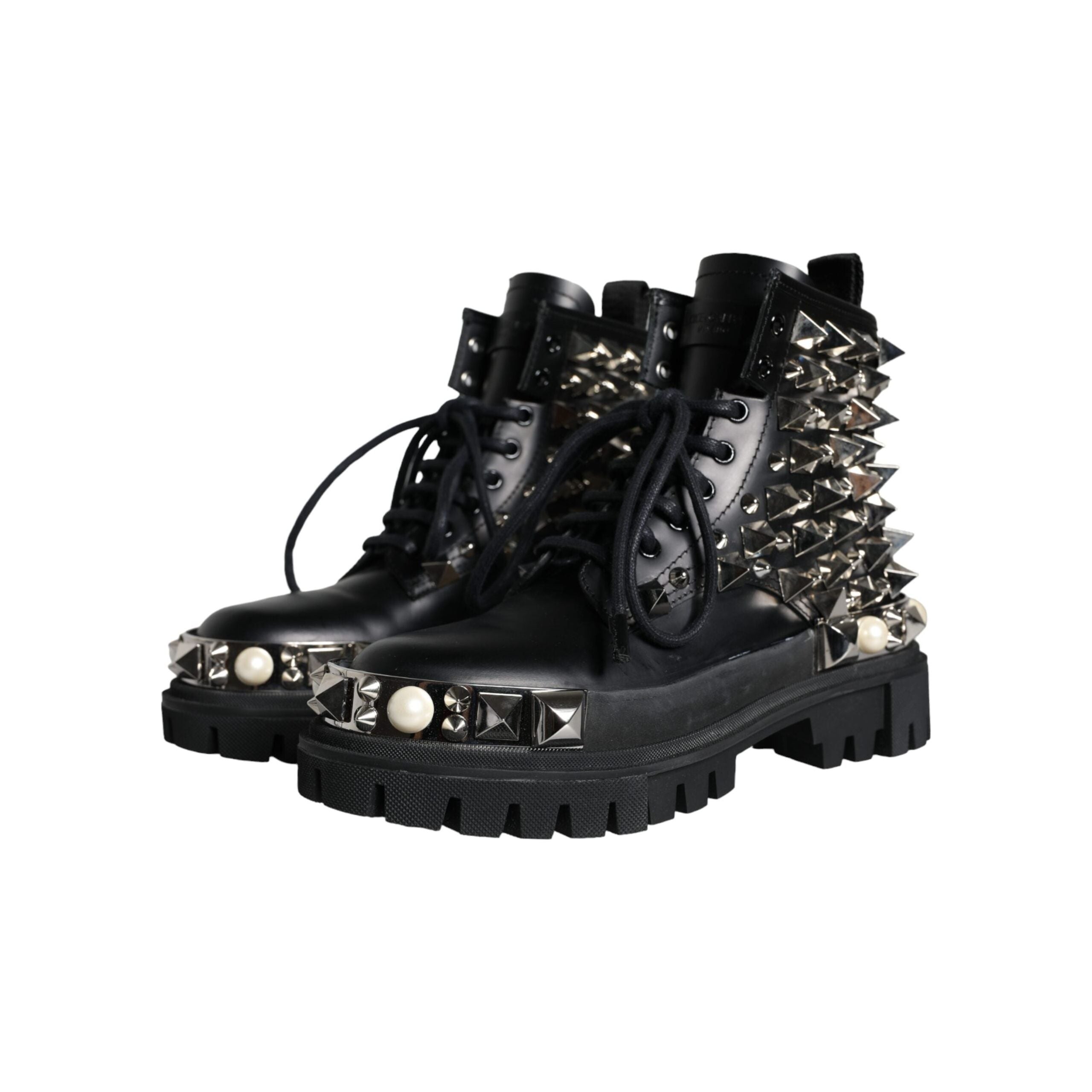 Black Leather Studs Embellished Combat Boots Shoes