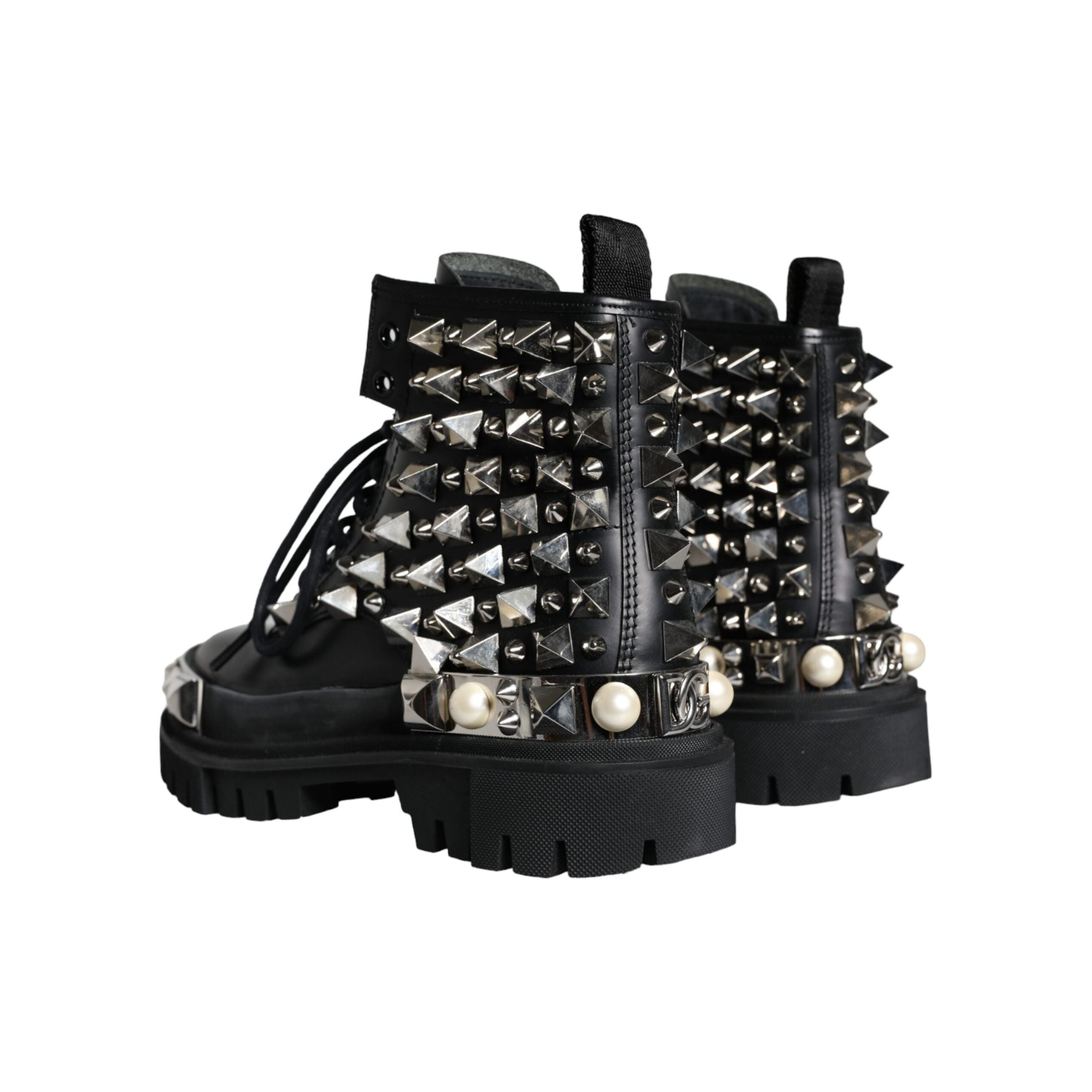 Black Leather Studs Embellished Combat Boots Shoes