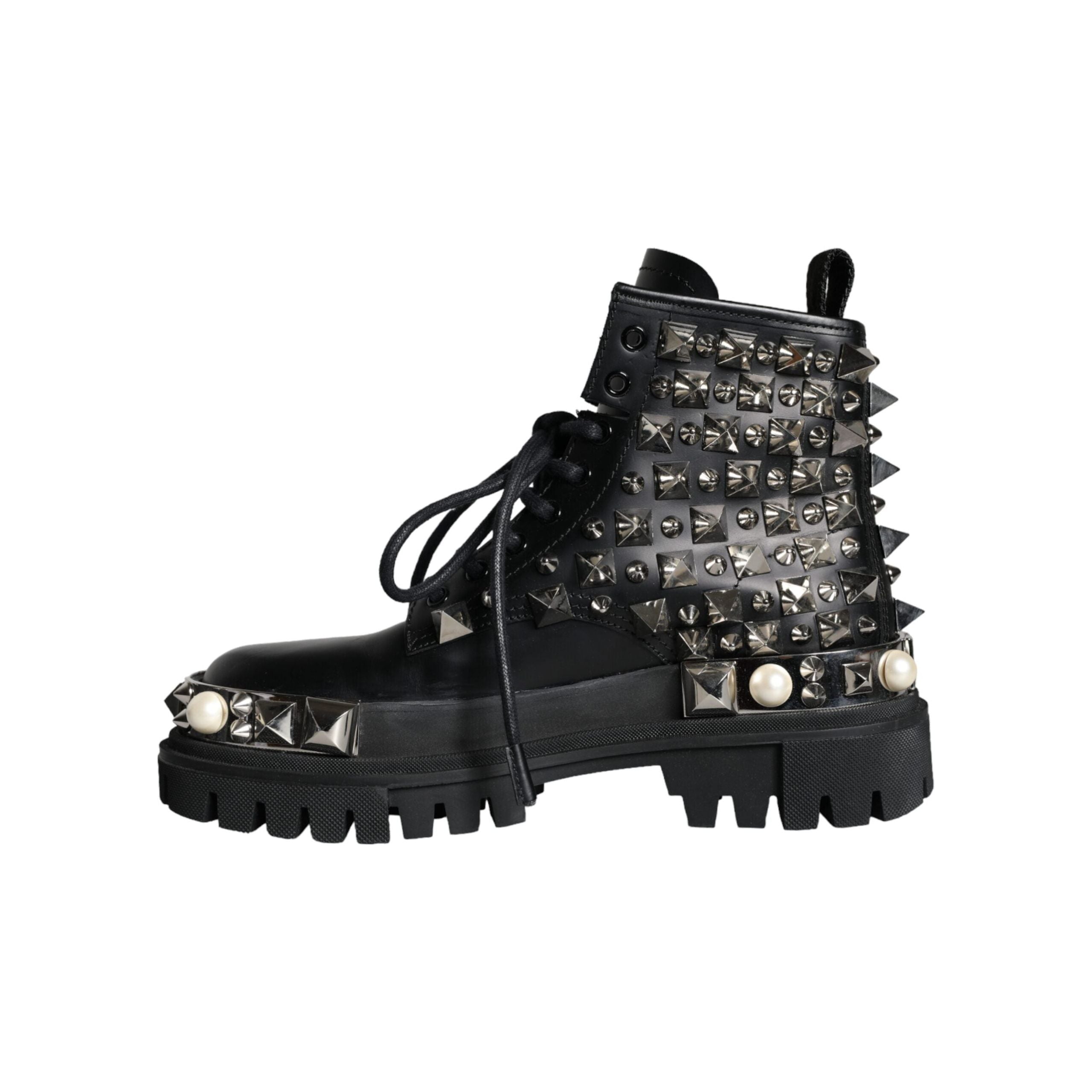 Black Leather Studs Embellished Combat Boots Shoes