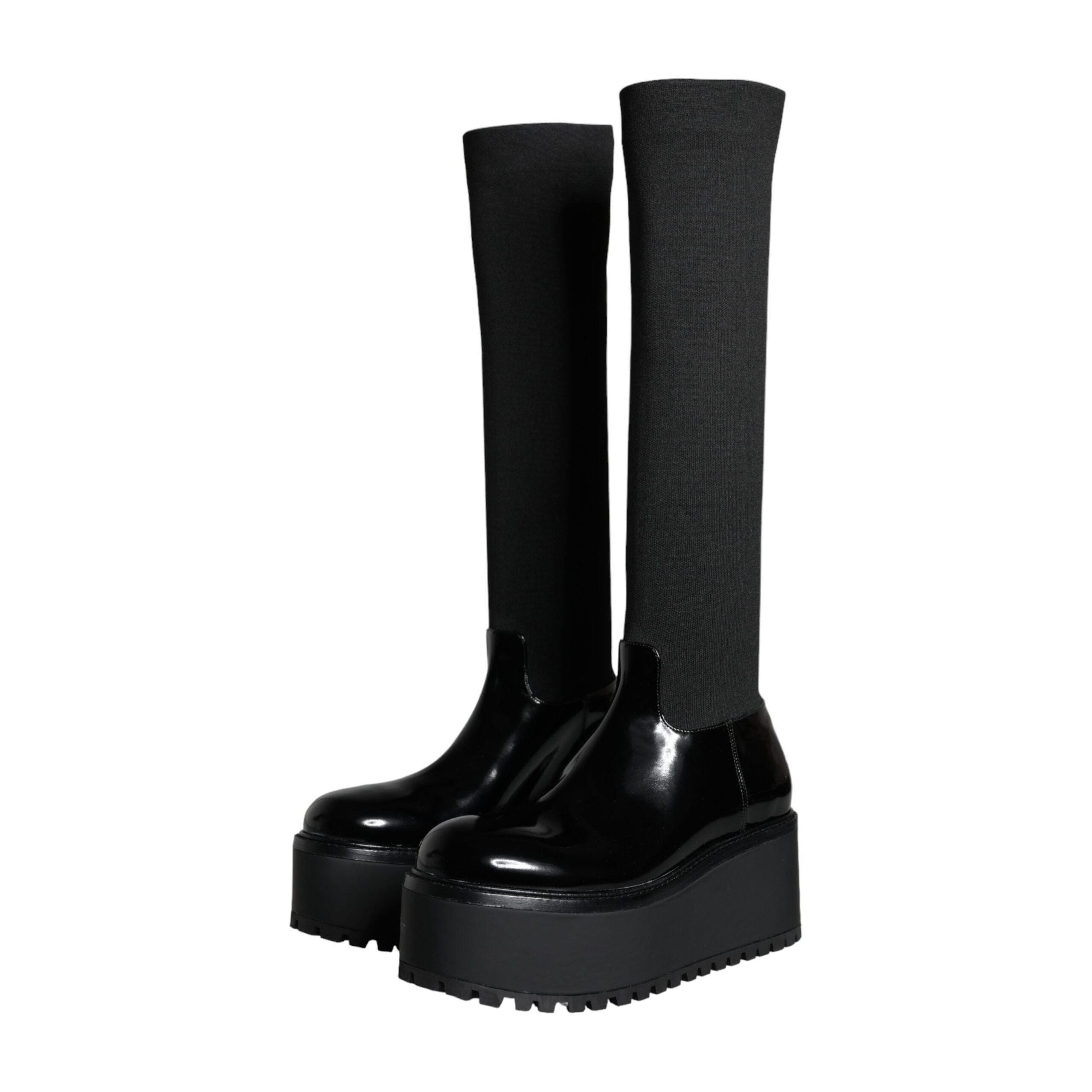 Black Leather Jersey Knee High Boots Shoes