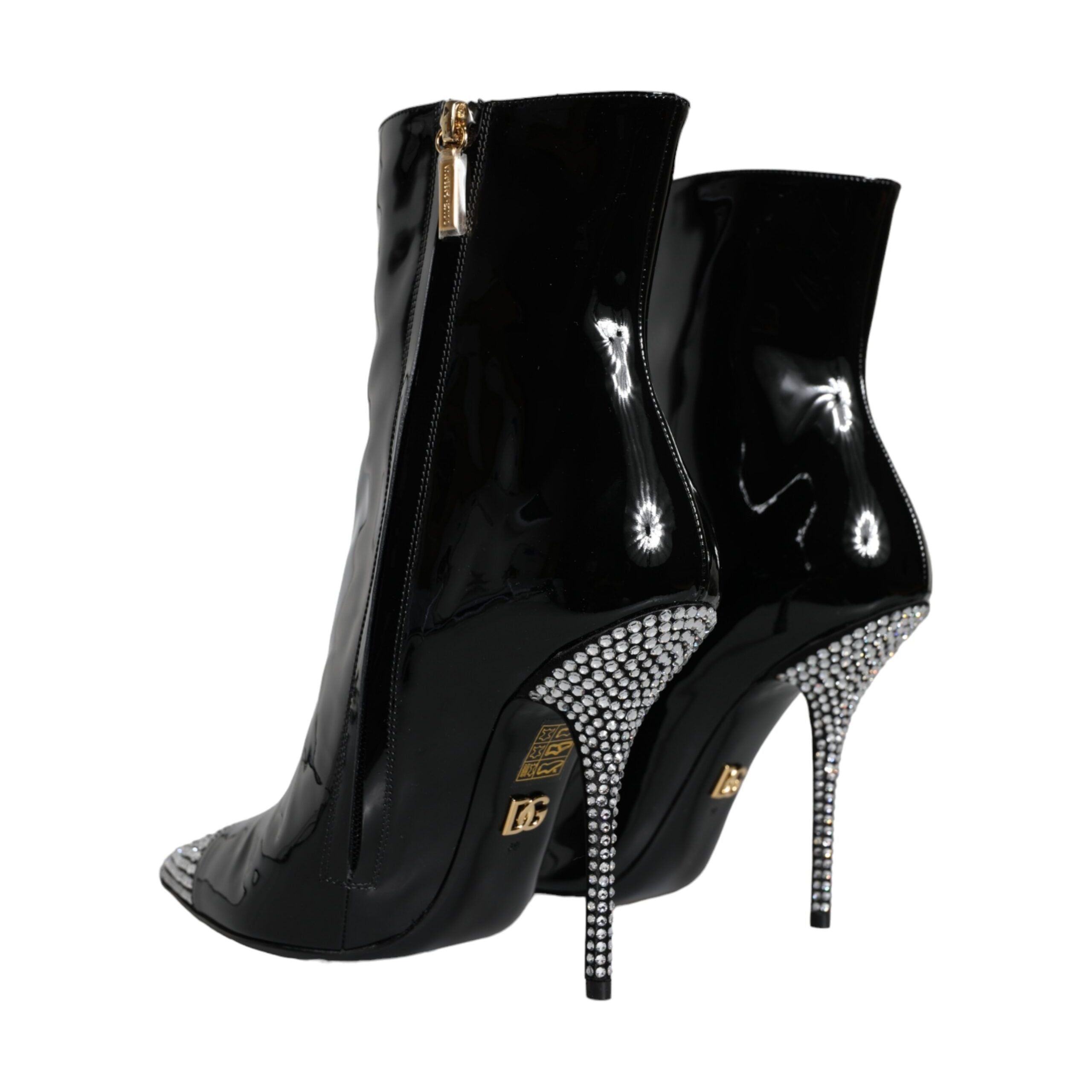 Black Patent Leather Crystal Heel Boots Shoes