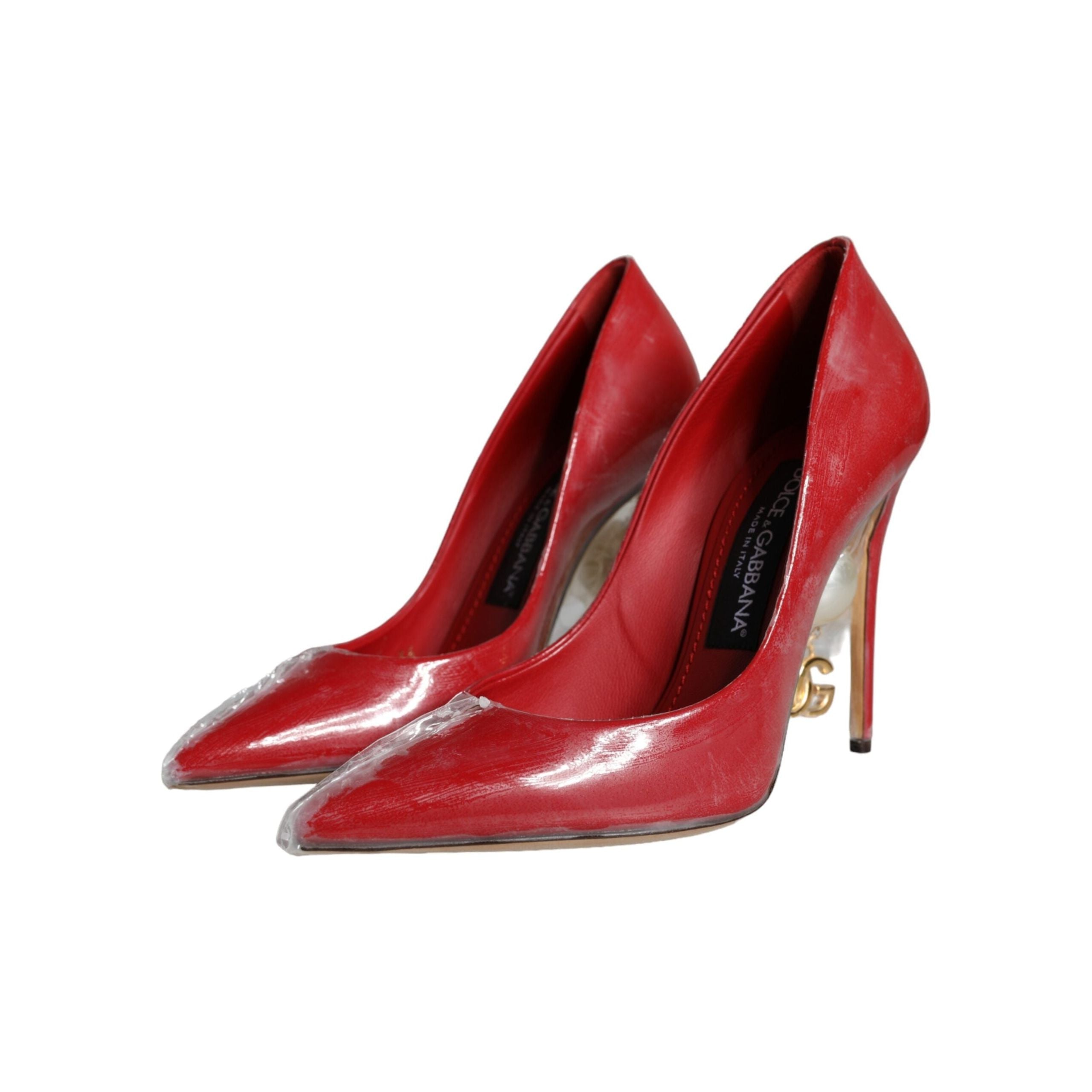 Red Patent Leather Faux Pearl Heels Pumps Shoes