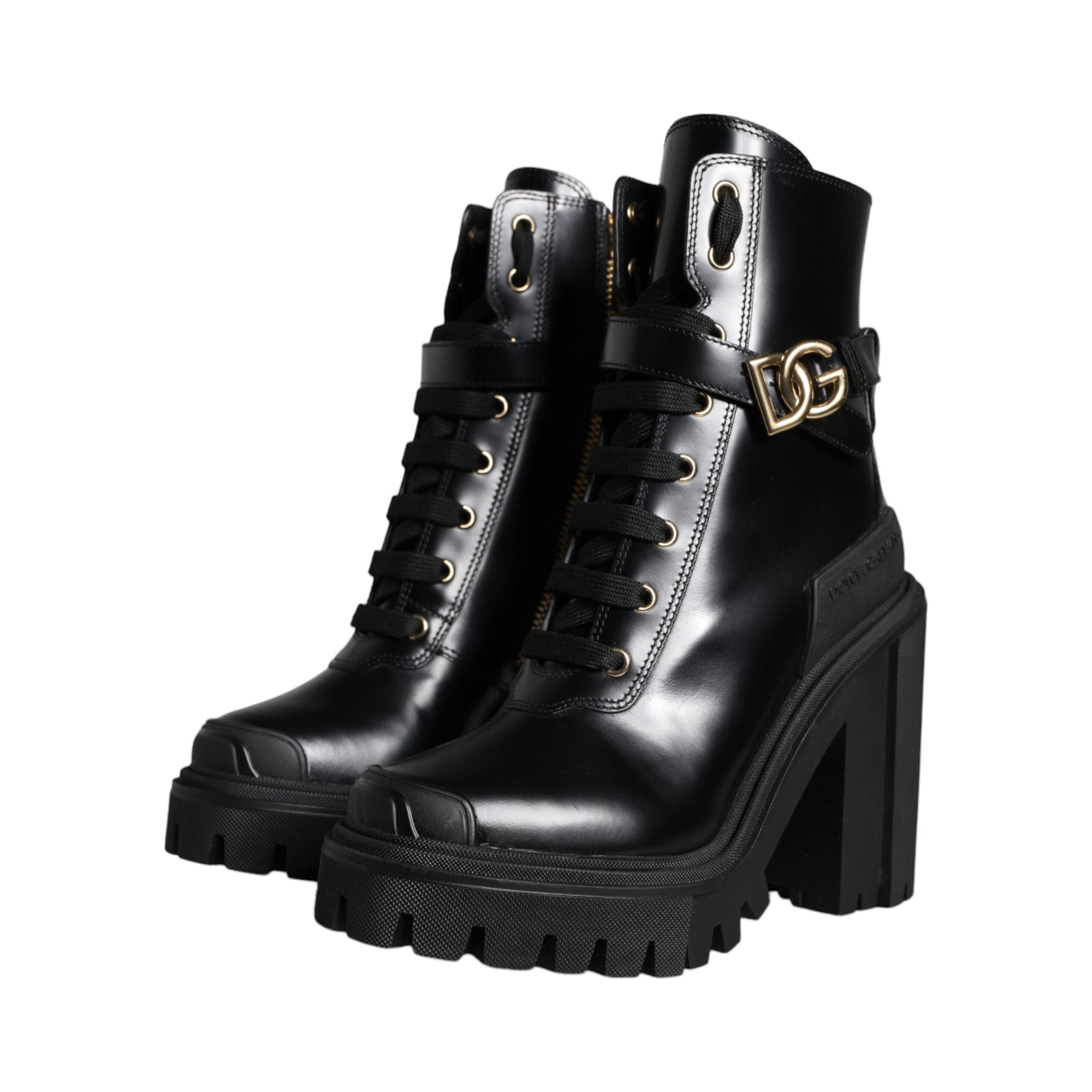 Black Calf Leather Logo Trekking Biker Boots Shoes