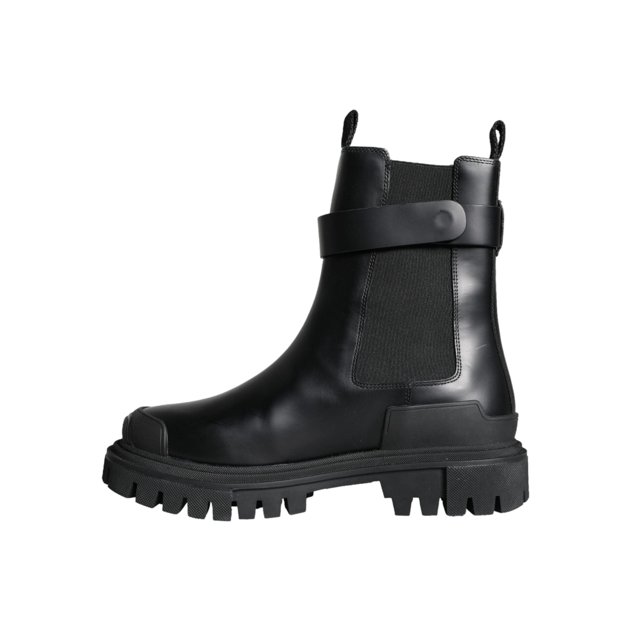 Black Leather Combat Mid Calf Boots Shoes