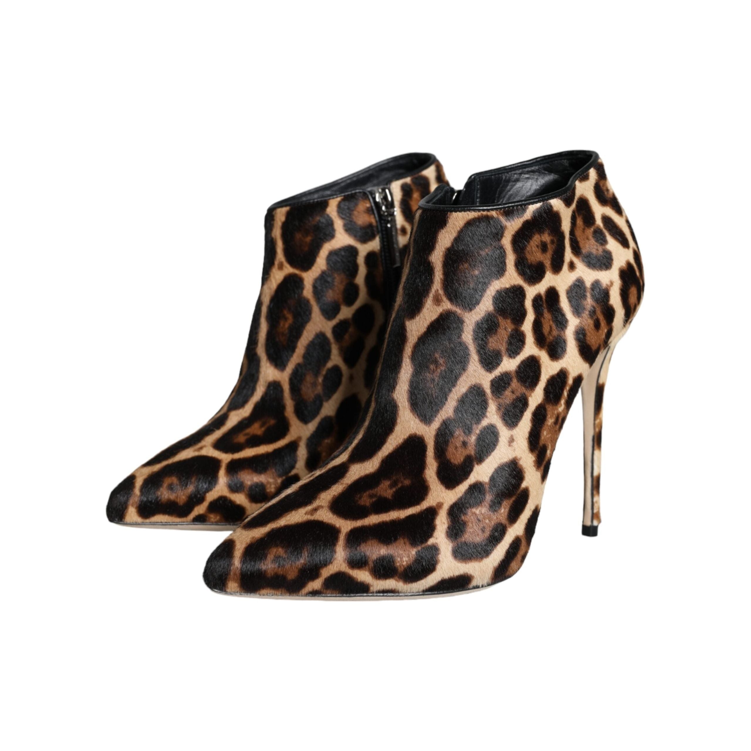 Brown Leopard Calf Fur Heels Ankle Boots Shoes