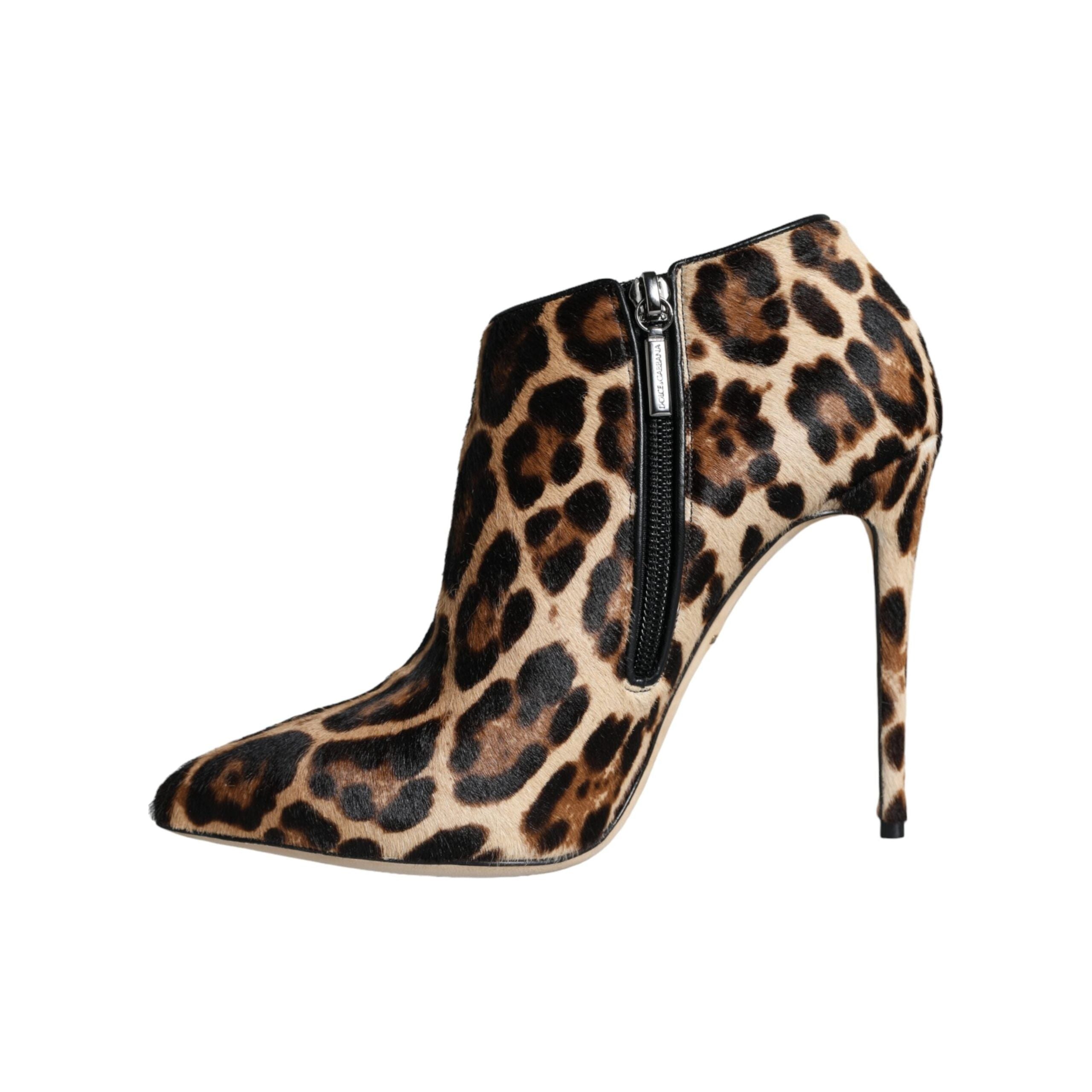 Brown Leopard Calf Fur Heels Ankle Boots Shoes