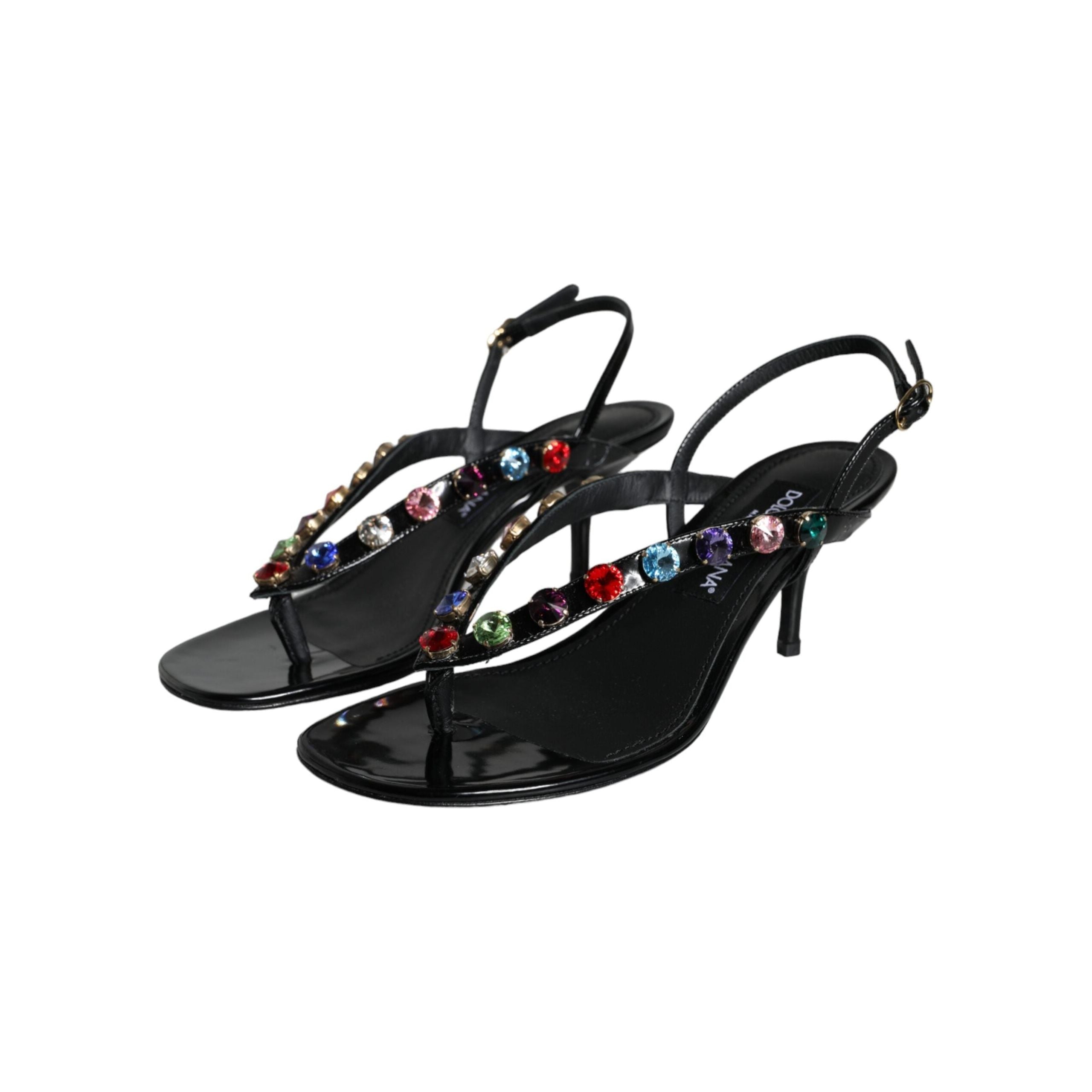 Black Leather Crystal Slingback Sandals Shoes