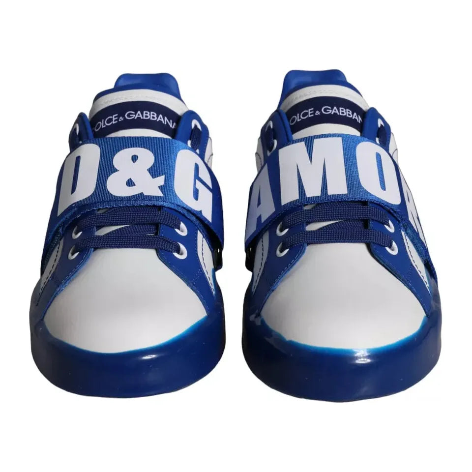 White Blue Amore Print Leather Sneakers Shoes