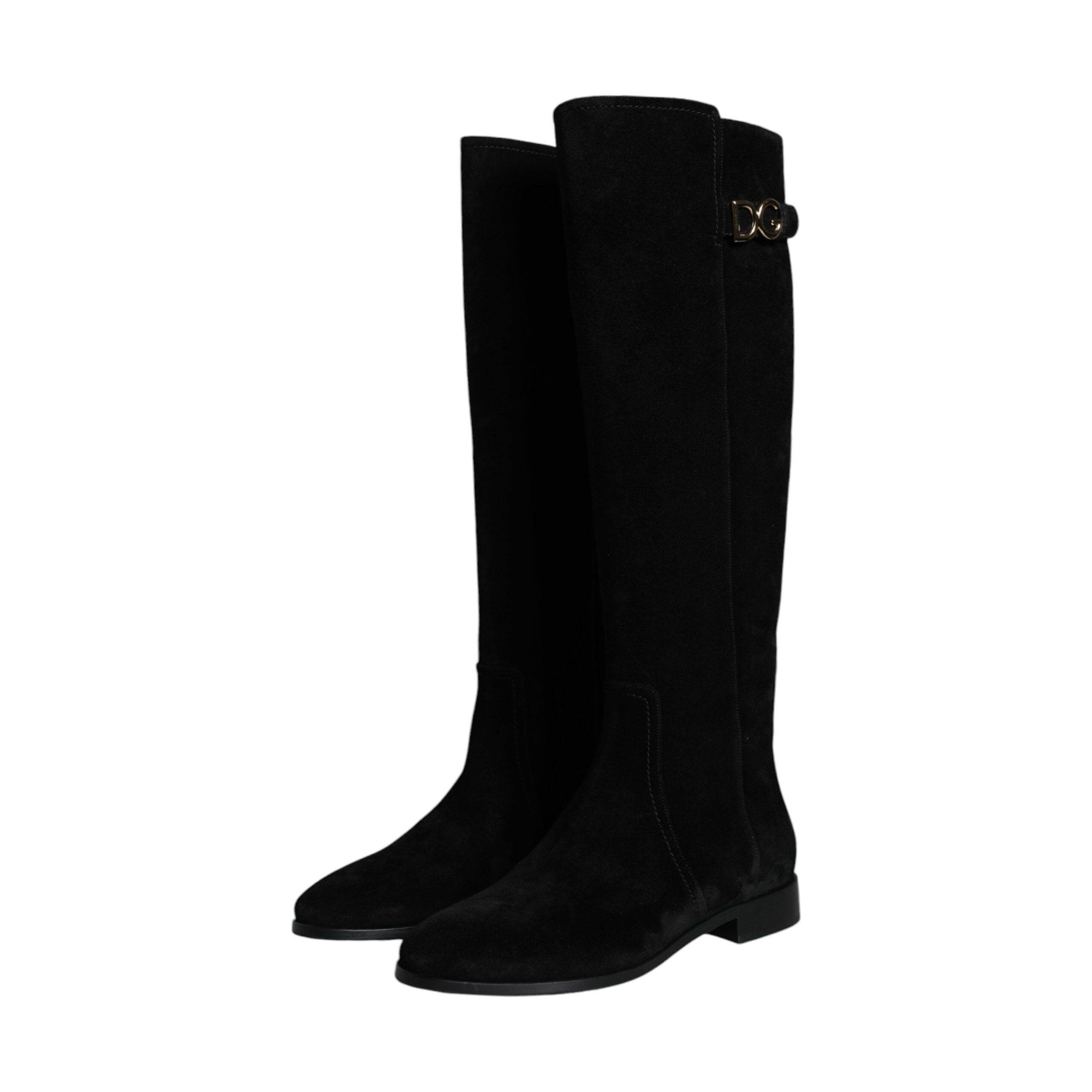 Black Suede Leather Knee High Boots Shoes