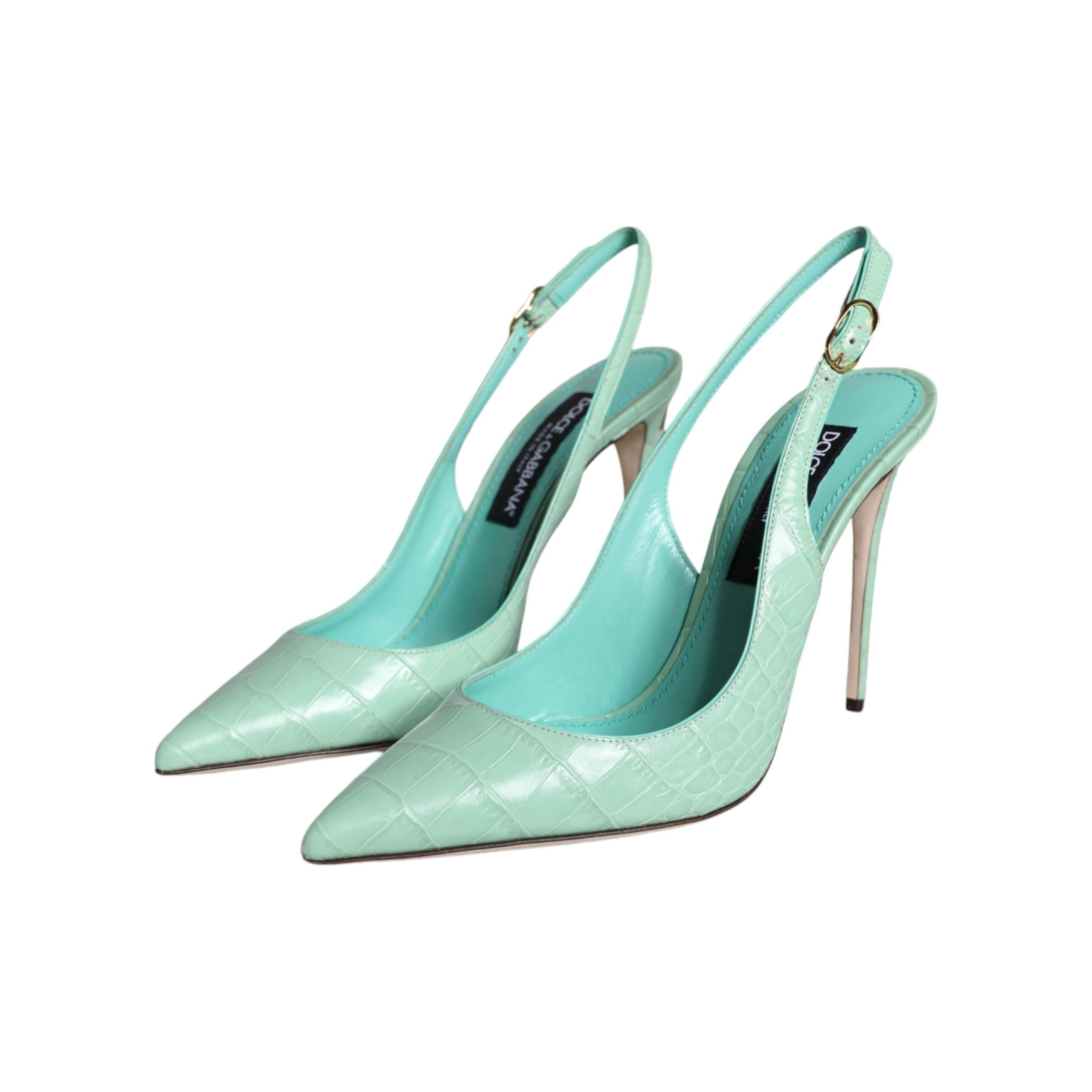 Mint Green Leather Heels Slingback Pumps Shoes