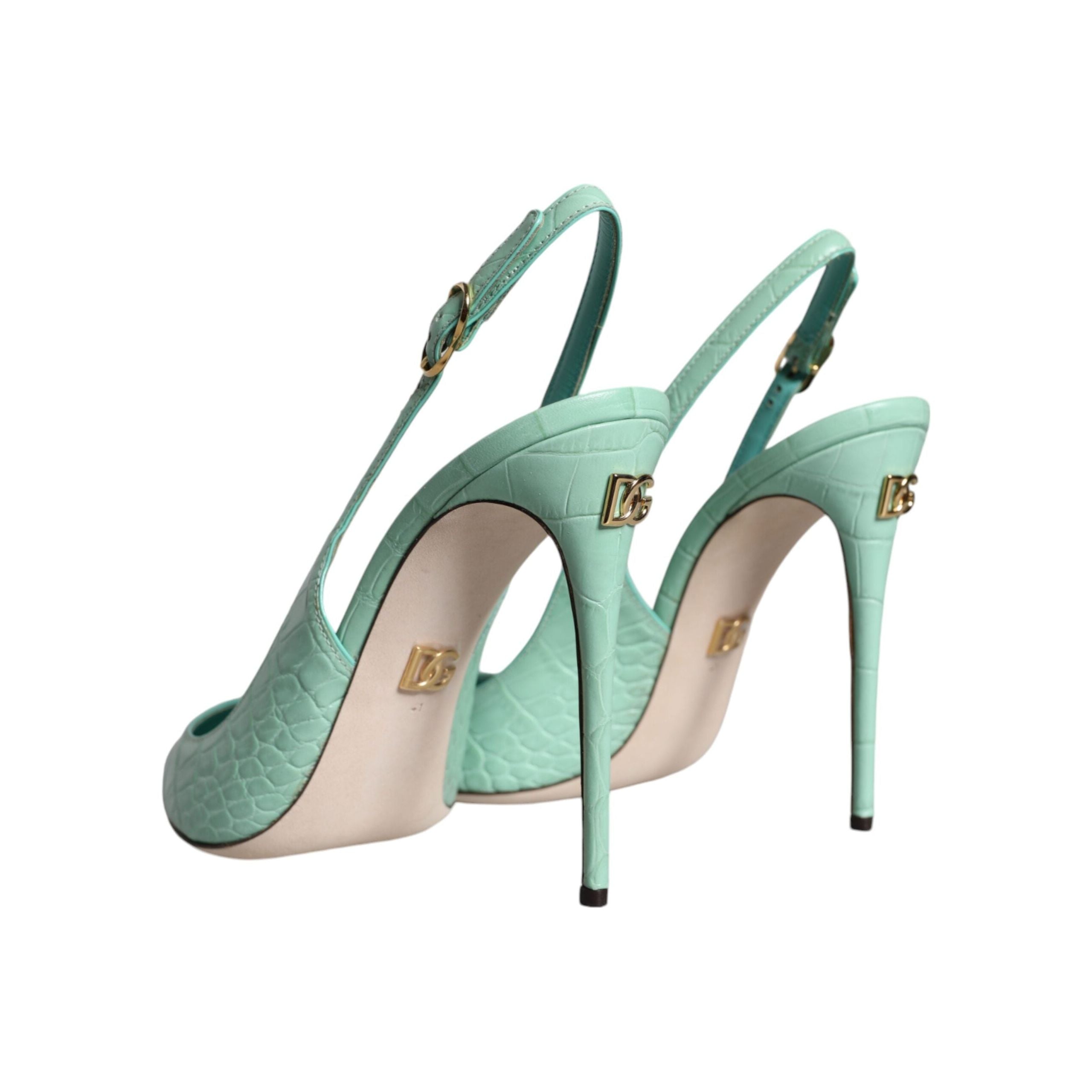 Mint Green Leather Heels Slingback Pumps Shoes