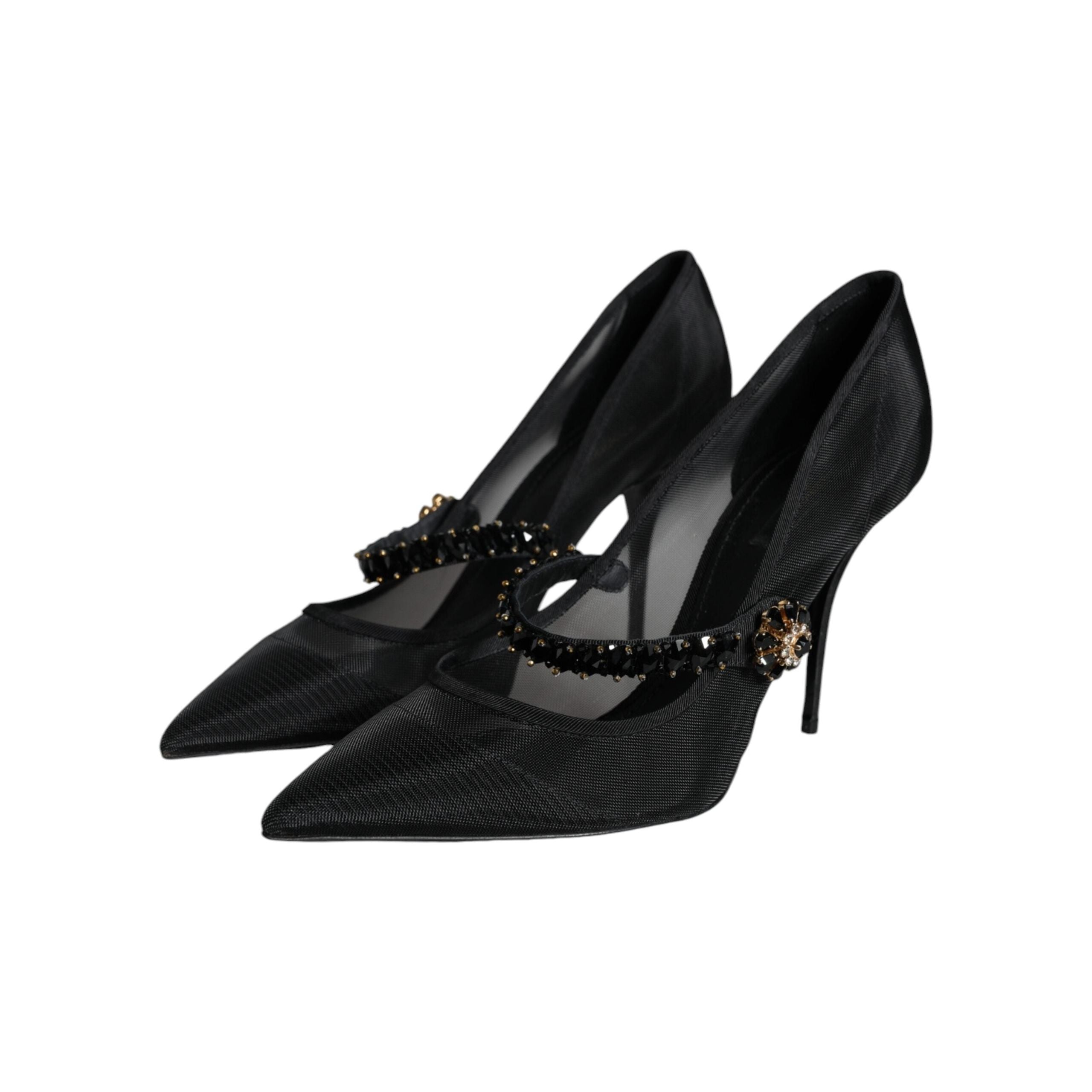 Black Mesh Mary Jane Crystal Heel Pumps Shoes