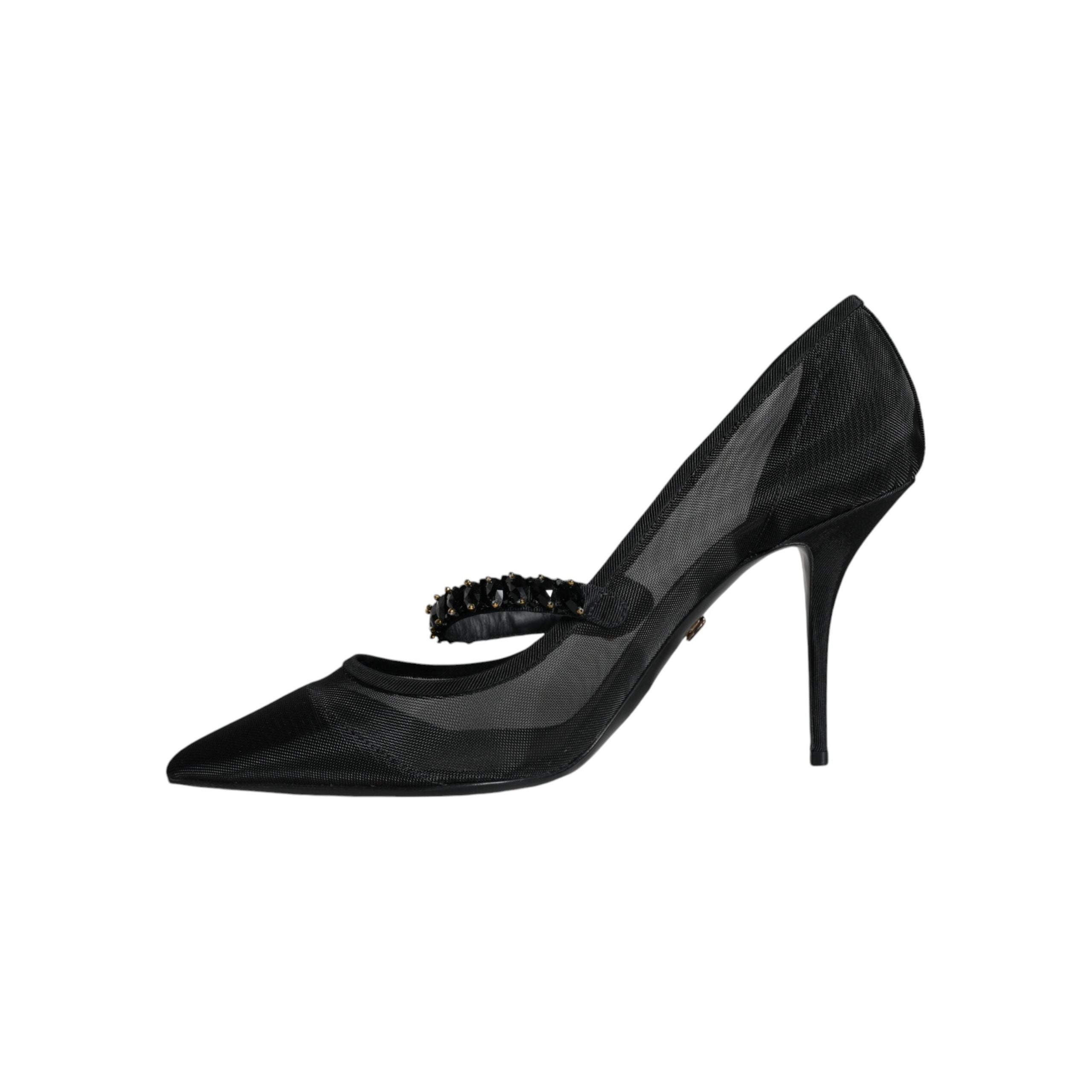 Black Mesh Mary Jane Crystal Heel Pumps Shoes