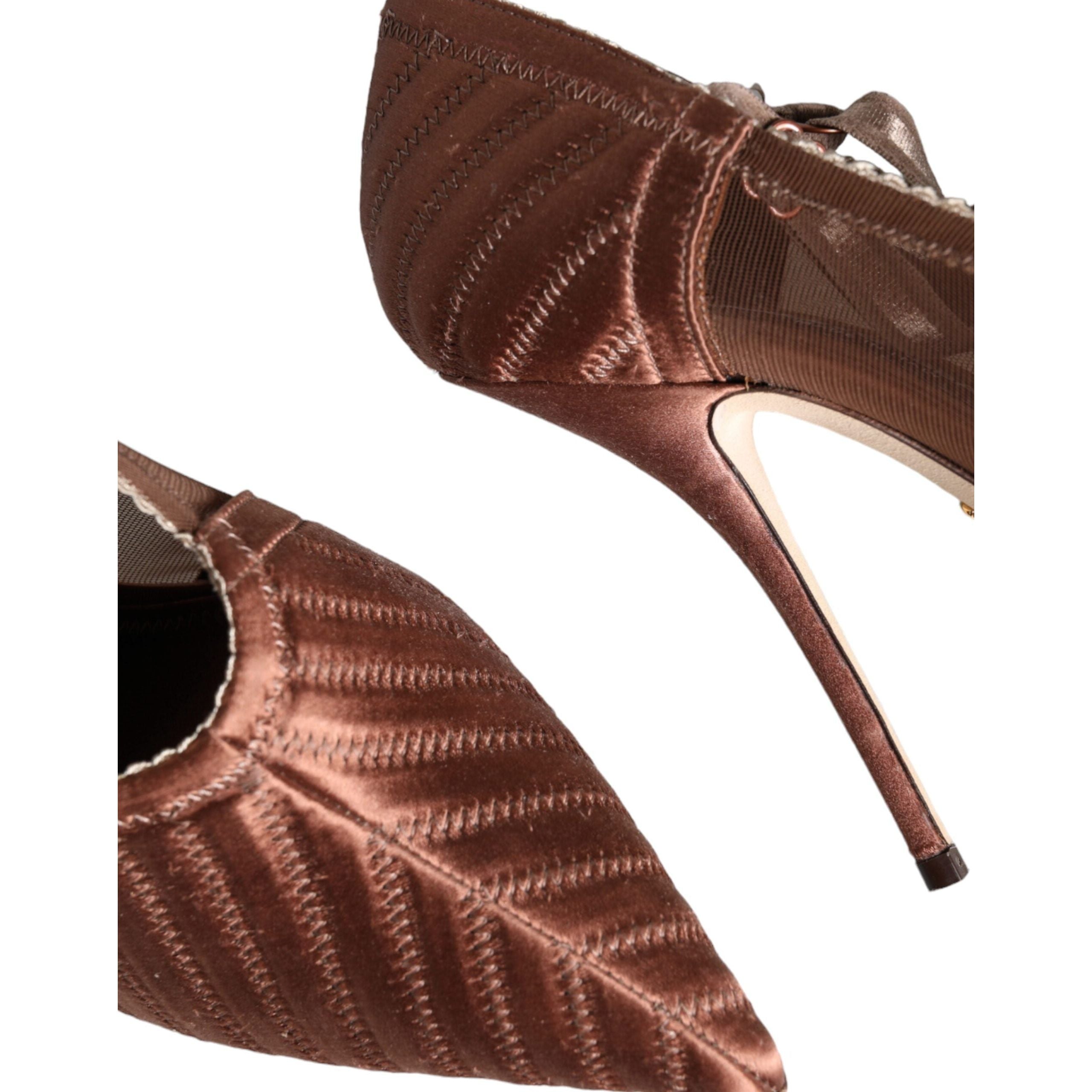 Brown Mesh Viscose Ankle Strap Pumps Shoes