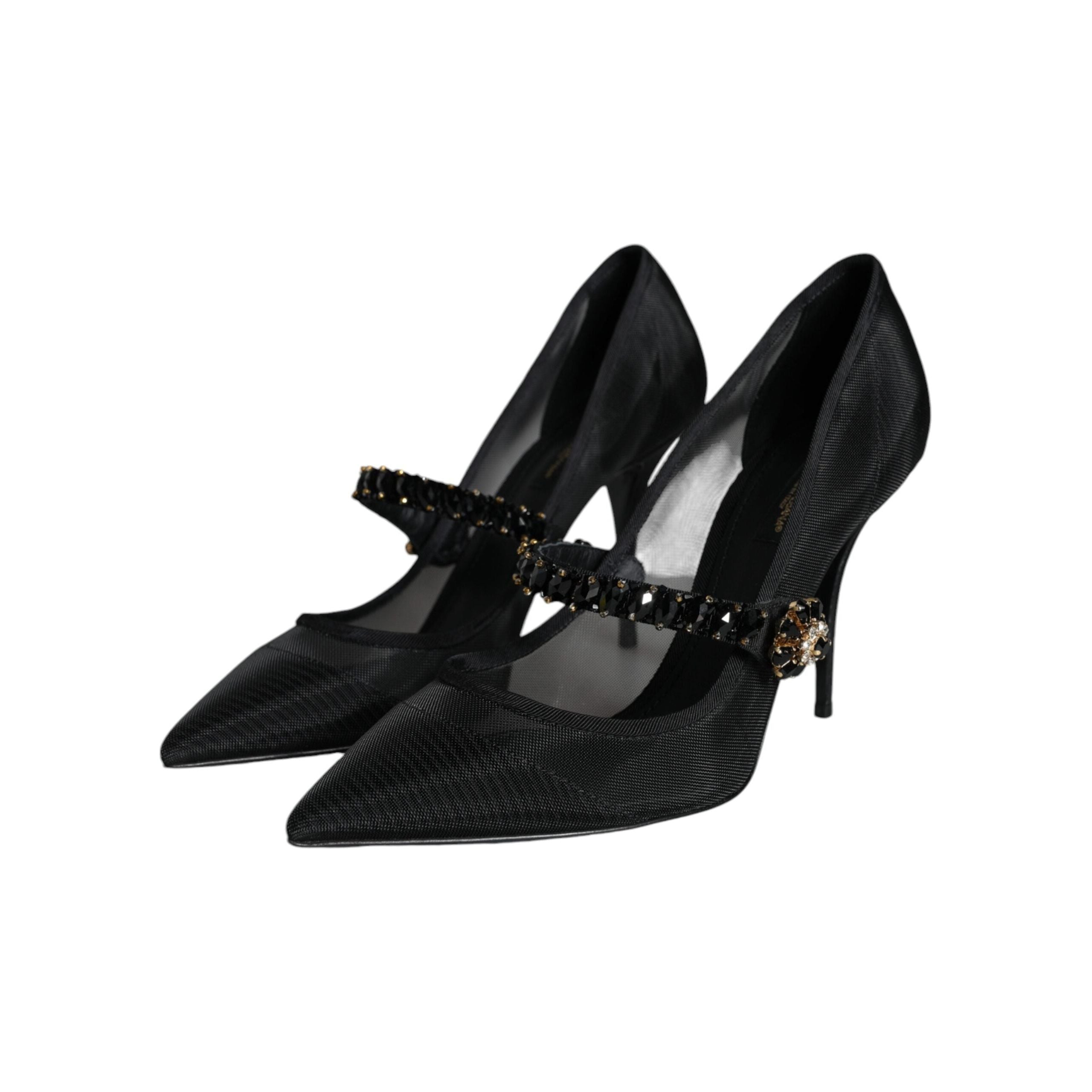 Black Mesh Mary Jane Crystal Heel Pumps Shoes