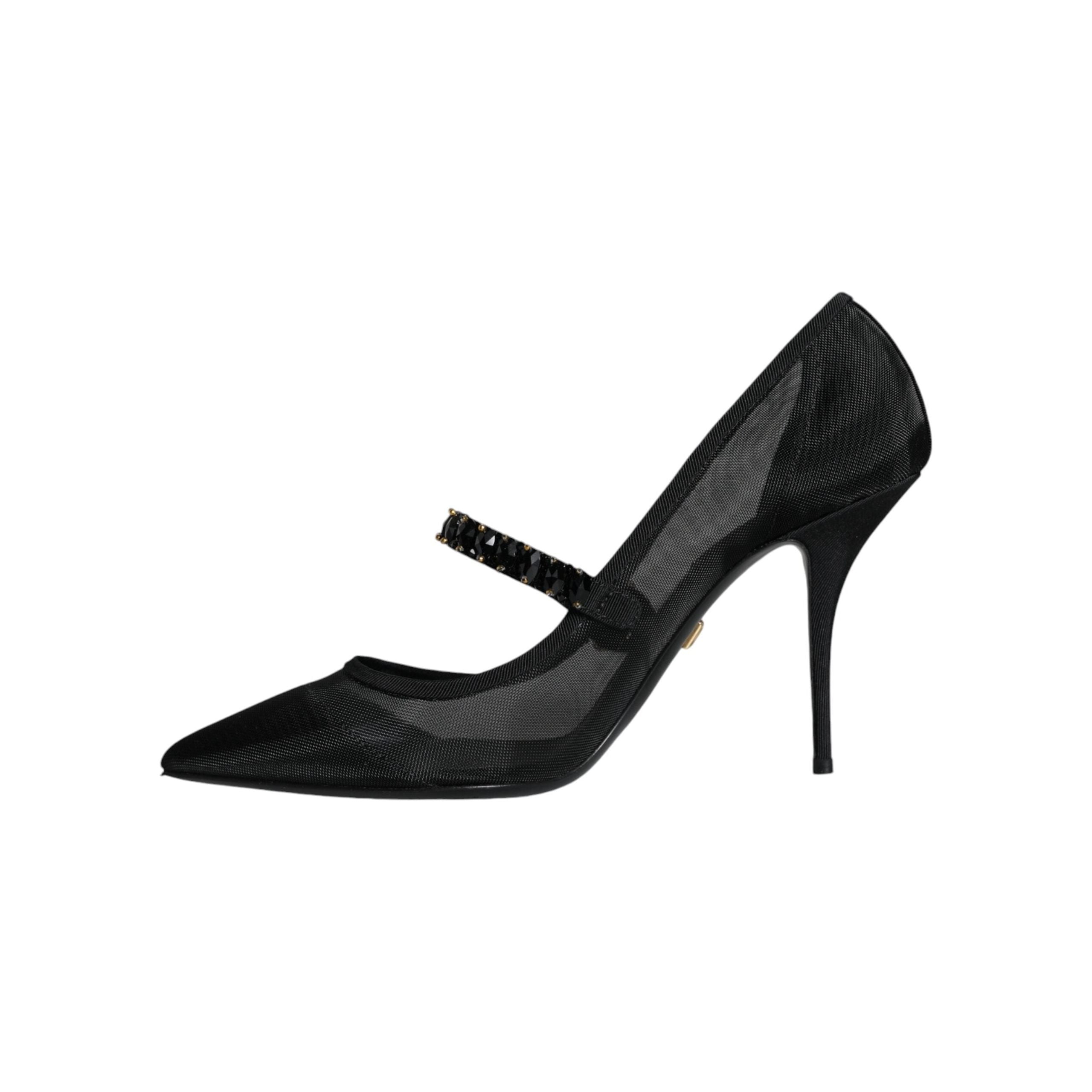 Black Mesh Mary Jane Crystal Heel Pumps Shoes