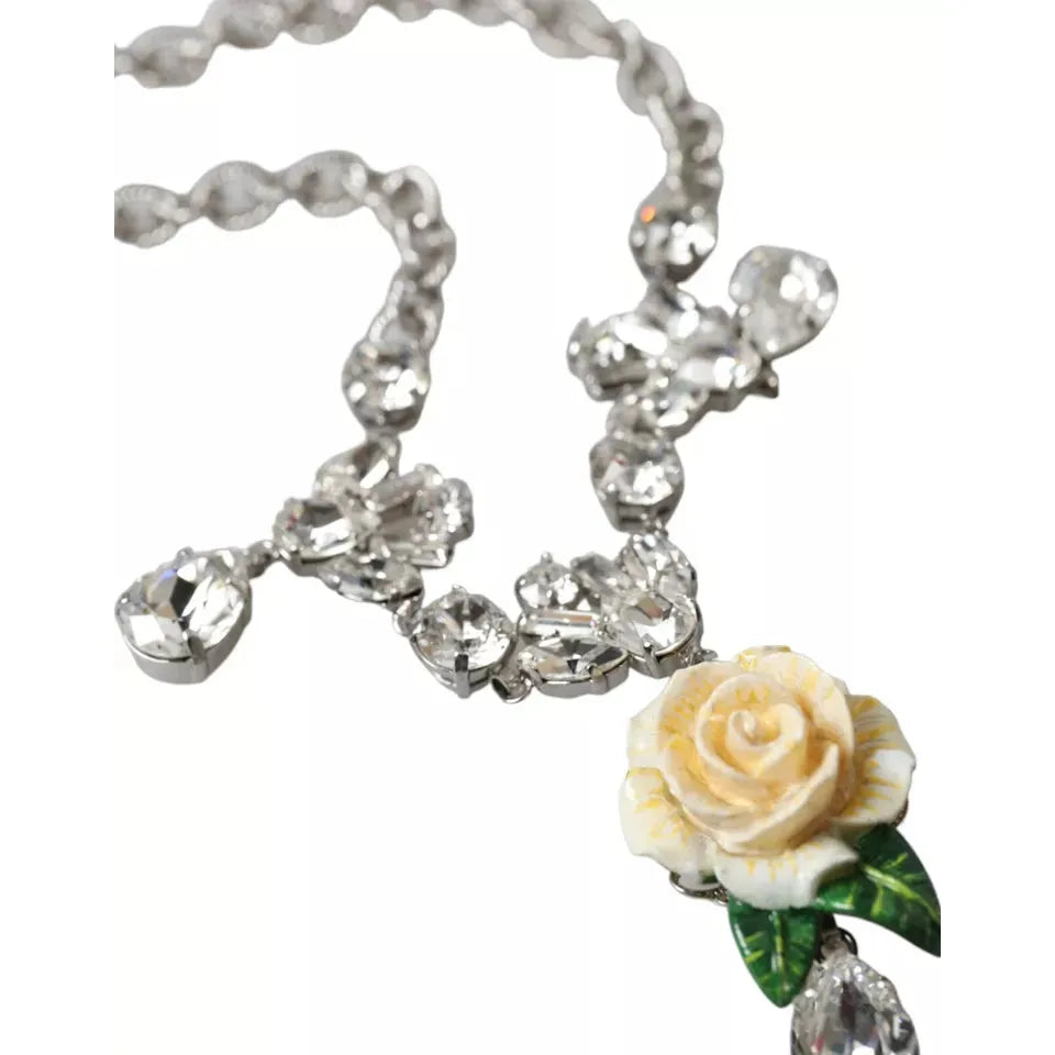 Silver Brass Clear Crystal Roses Pendants Necklace