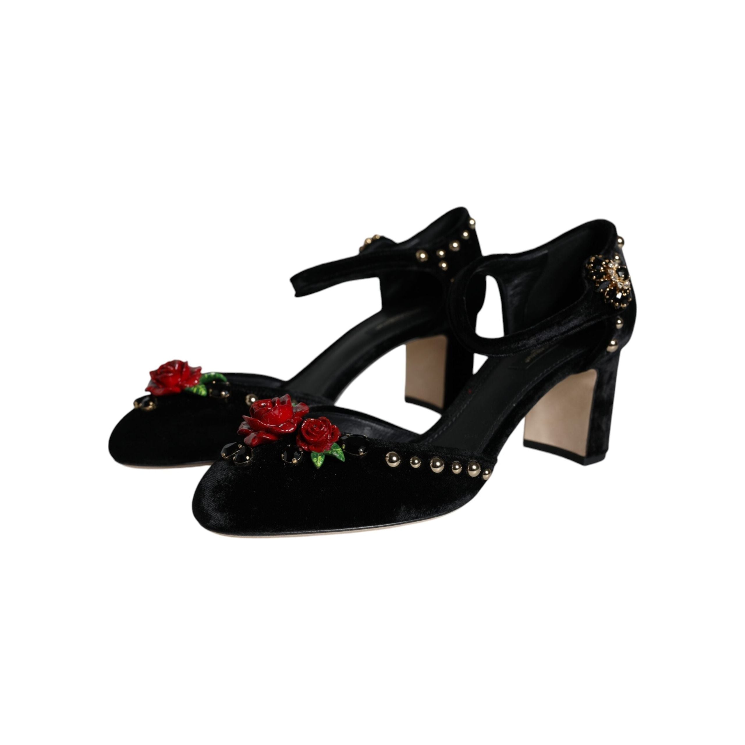 Black Velvet Roses Ankle Strap Pumps Shoes