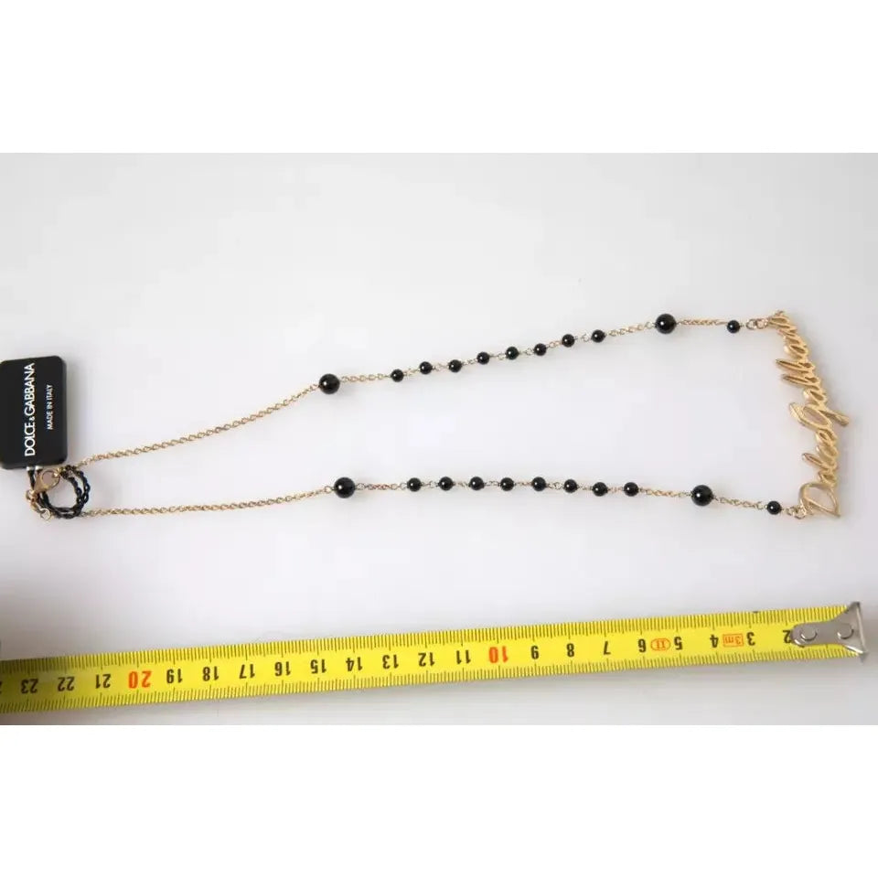 Gold Sterling Silver 925 Black Beaded Rosary Chain Necklace