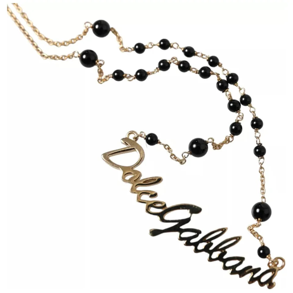 Gold Sterling Silver 925 Black Beaded Rosary Chain Necklace