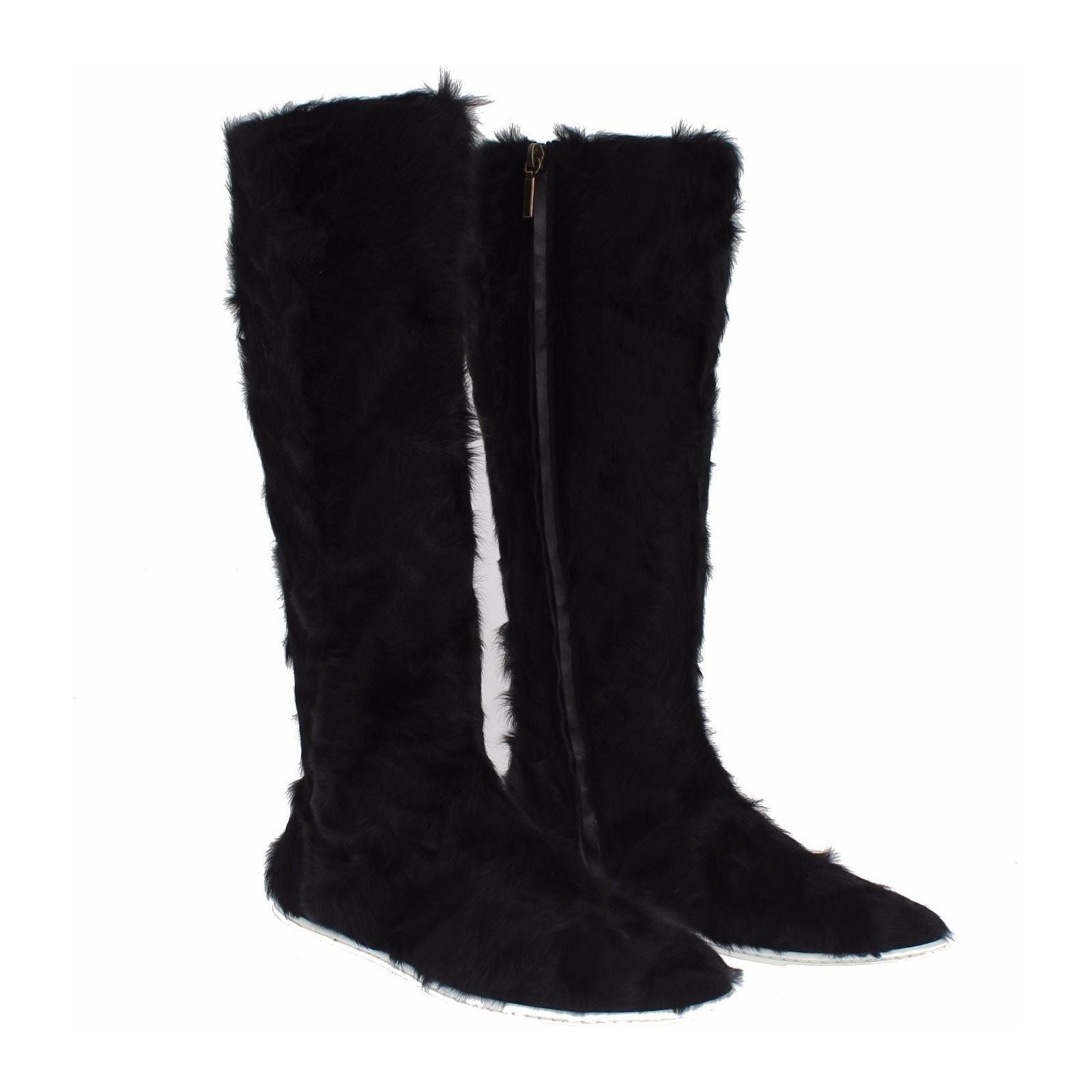 Elegant Black Fur Leather Flat Sneaker Boots