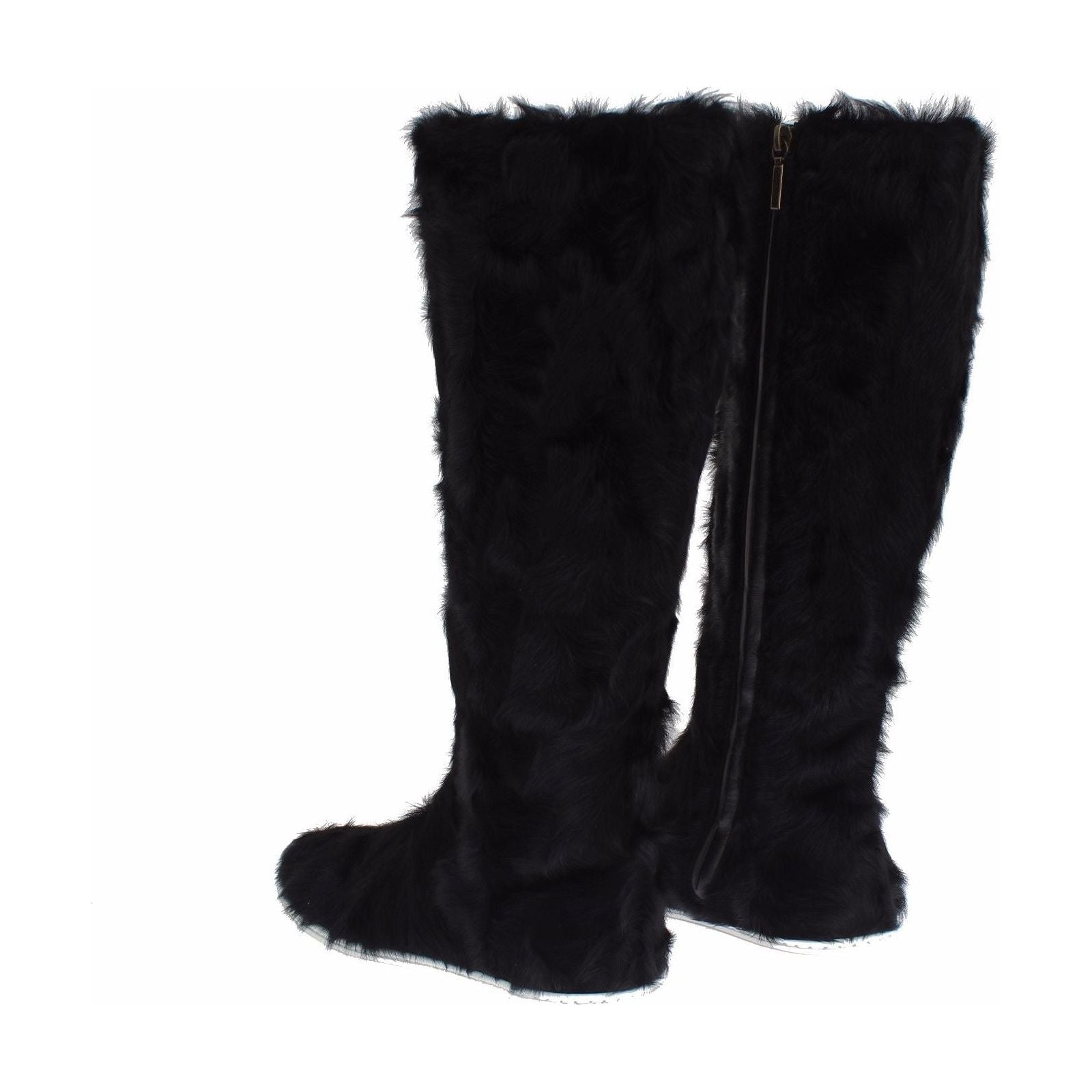 Elegant Black Fur Leather Flat Sneaker Boots