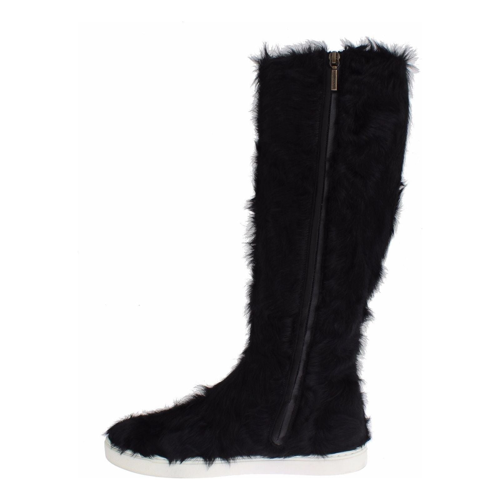 Elegant Black Fur Leather Flat Sneaker Boots