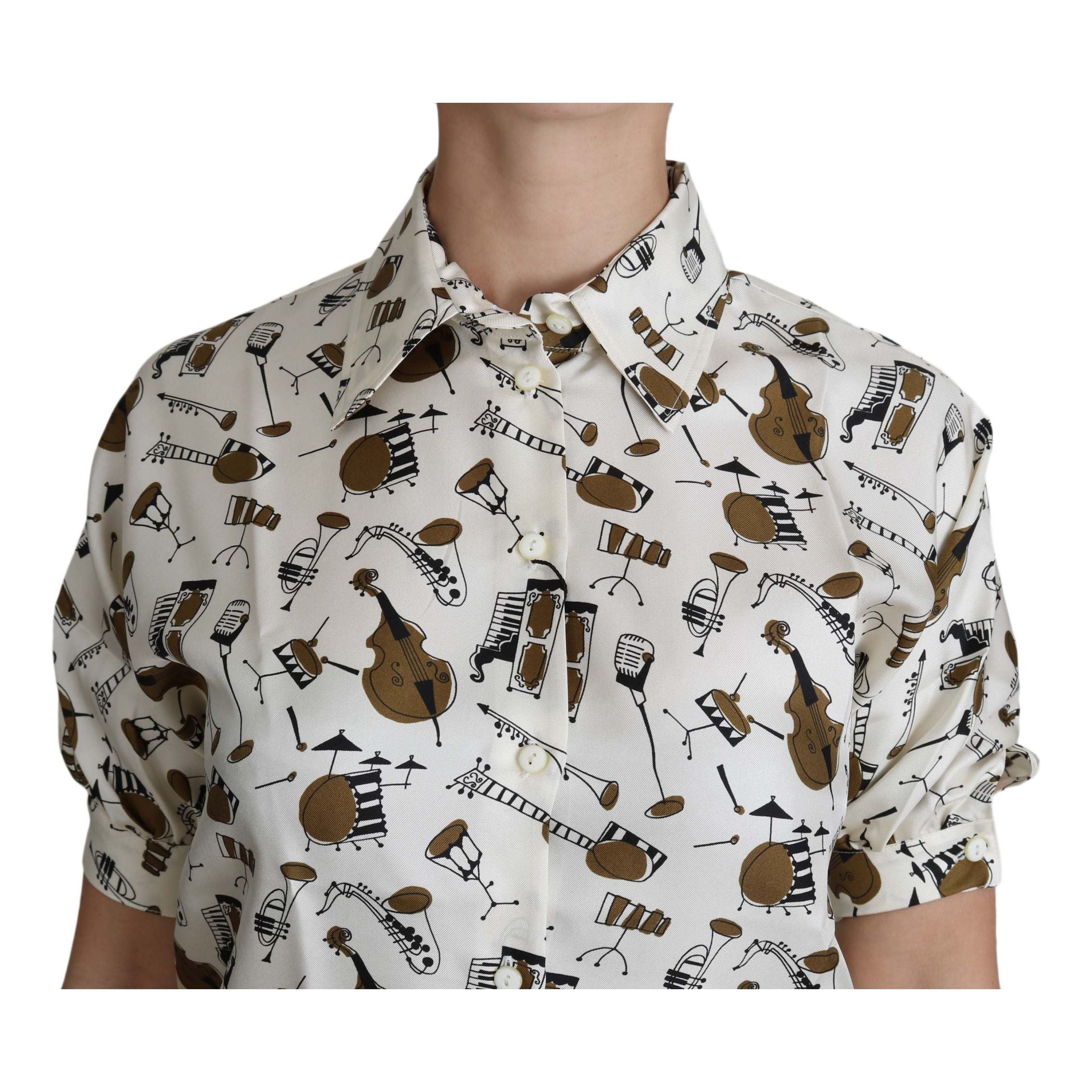 Silk Musical Instrument Print Polo Top