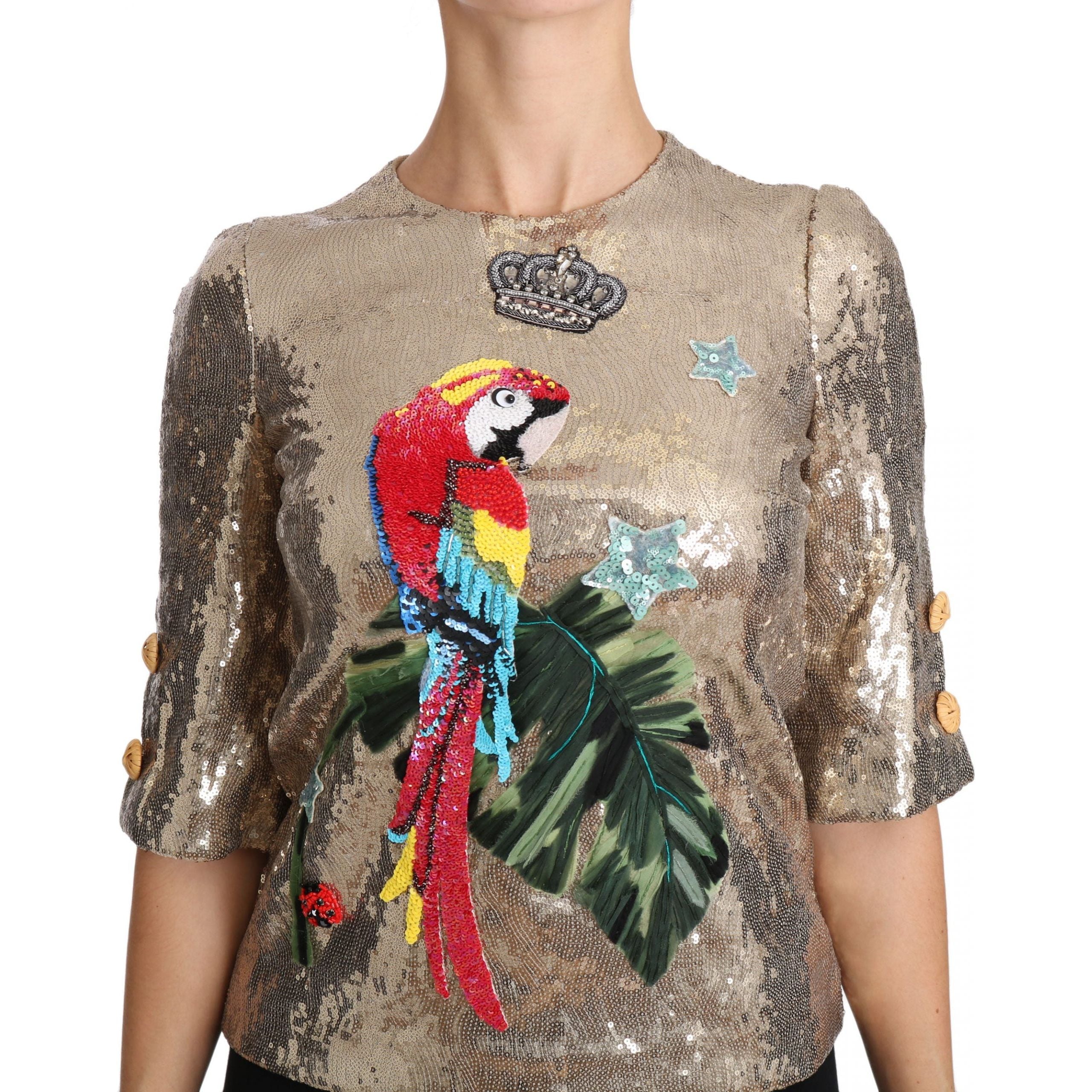 Gold Parrot Motif Crewneck Blouse with Crystals