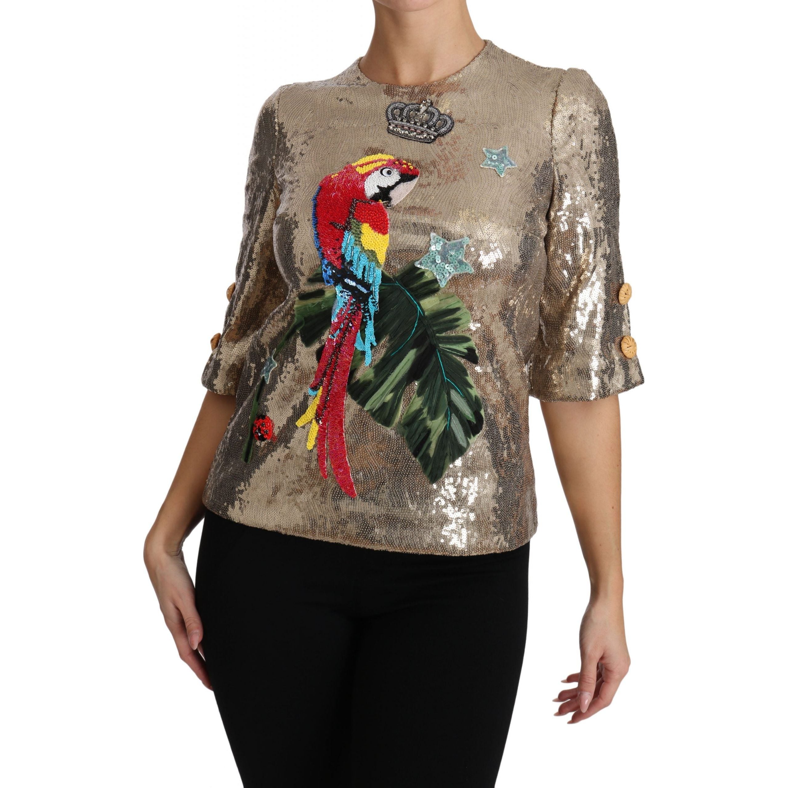 Gold Parrot Motif Crewneck Blouse with Crystals