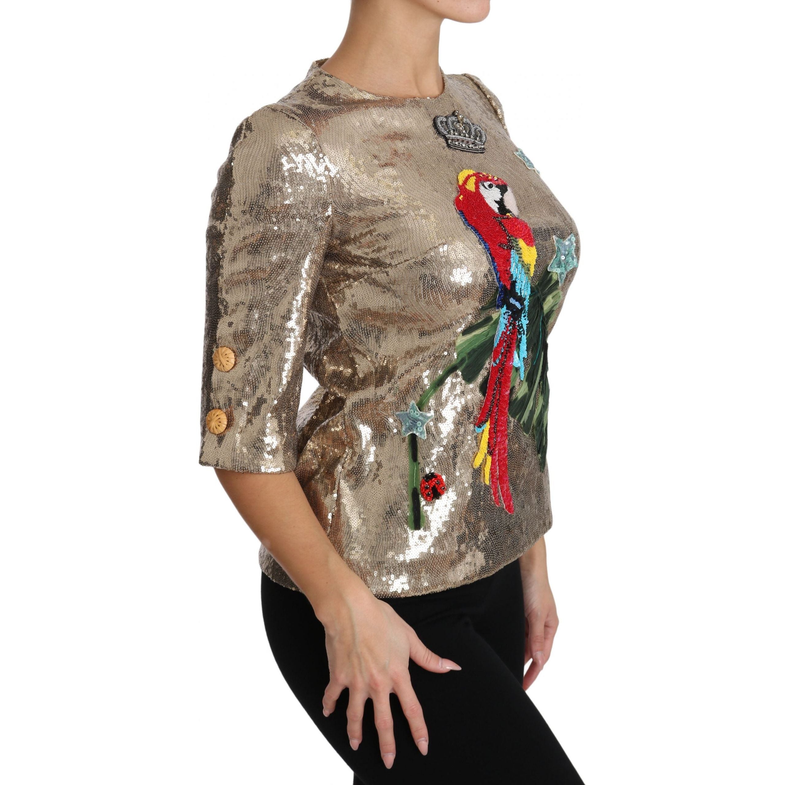 Gold Parrot Motif Crewneck Blouse with Crystals